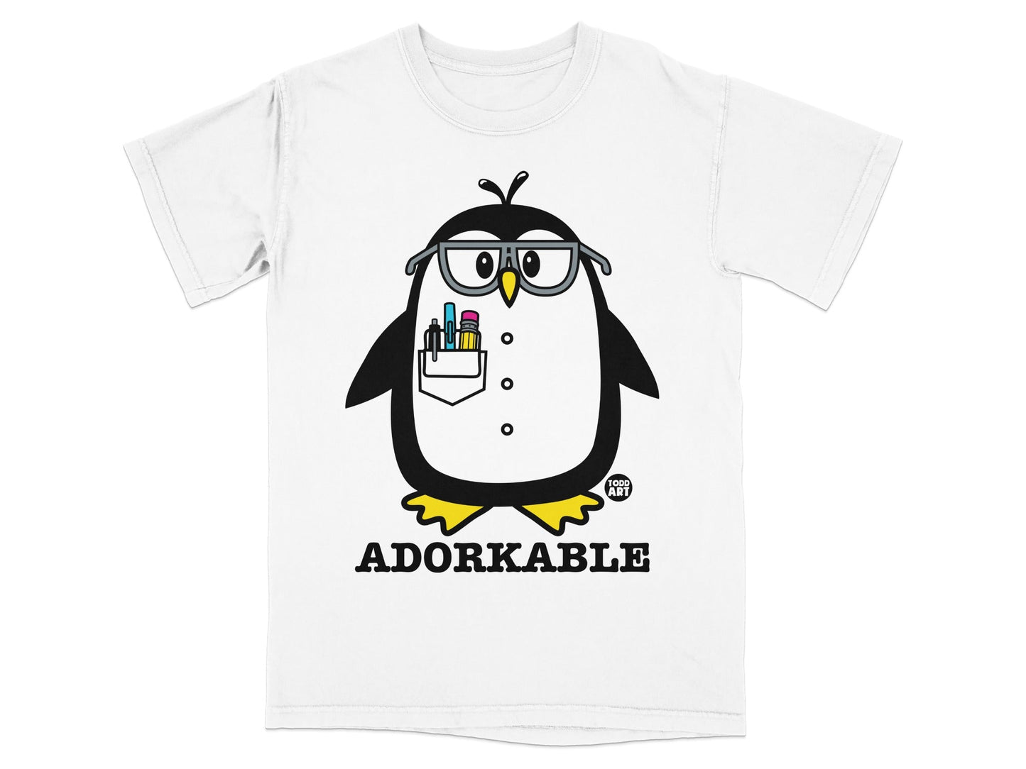Cartoon penguin wearing glasses and holding pens in a pocket.
