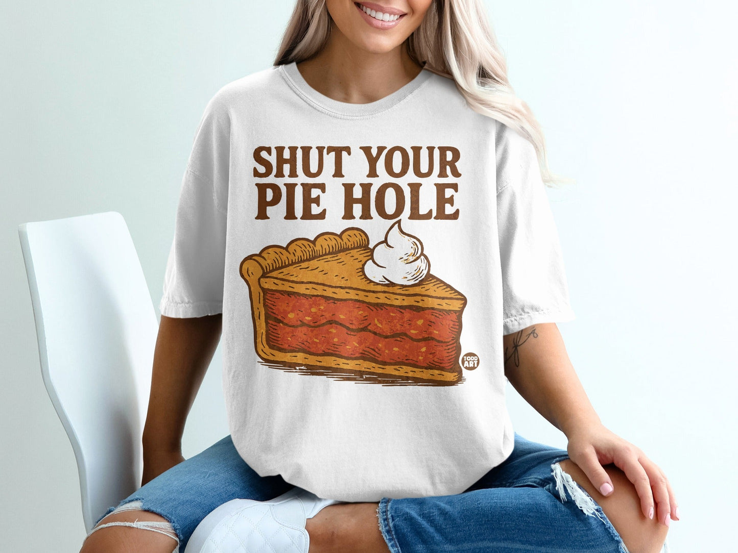 Shut Your Pie Hole Graphic T-Shirt with Cartoon Pie Design