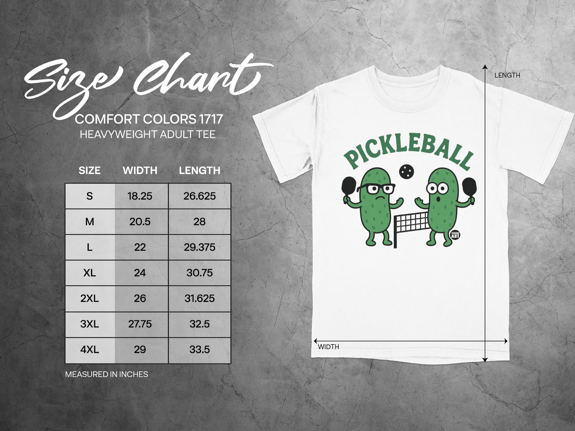 Comfort Colors 1717 t-shirt size chart with cartoon pickleball players.