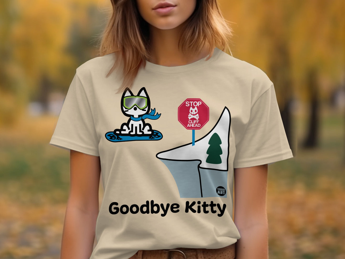 Goodbye Kitty T-Shirt with Skiing Cat and Funny Text