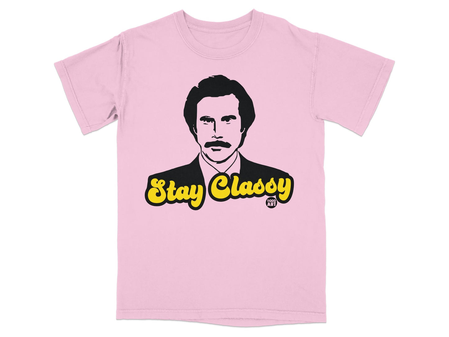 Pink t-shirt with Ron Burgundy's portrait and "Stay Classy" text.