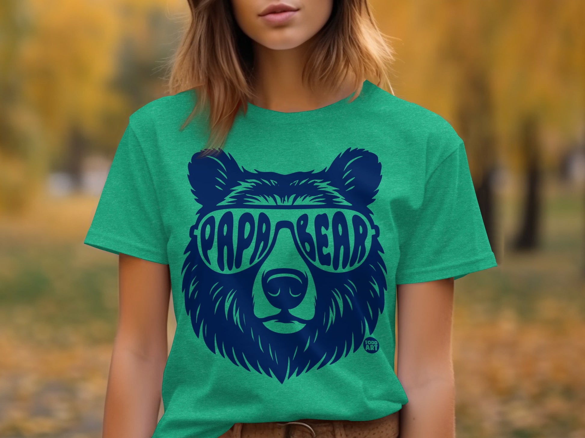 Green Tee Featuring Papa Bear Sunglasses Design Shirt