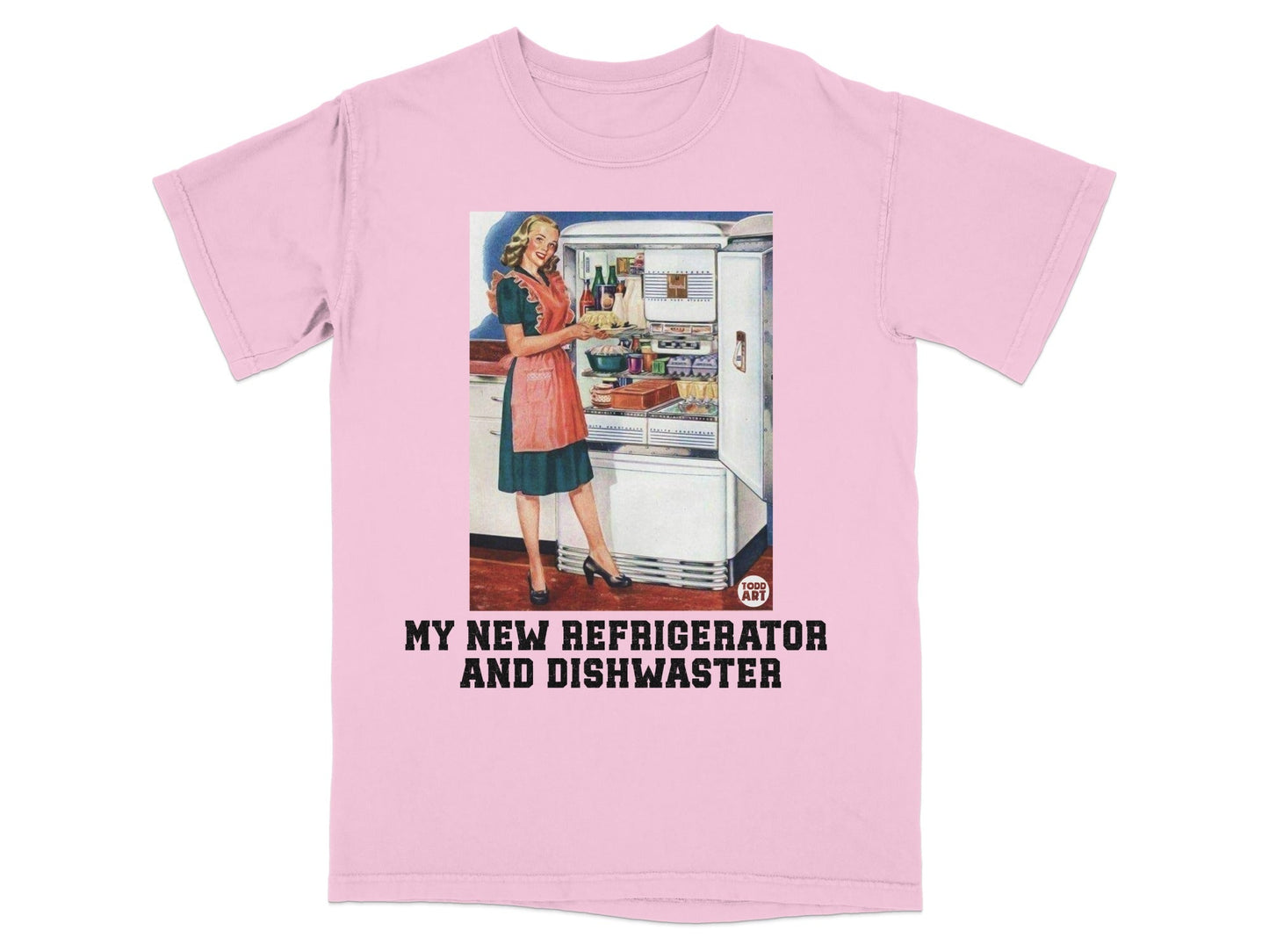 Pink t-shirt with retro graphic of a woman at a refrigerator.