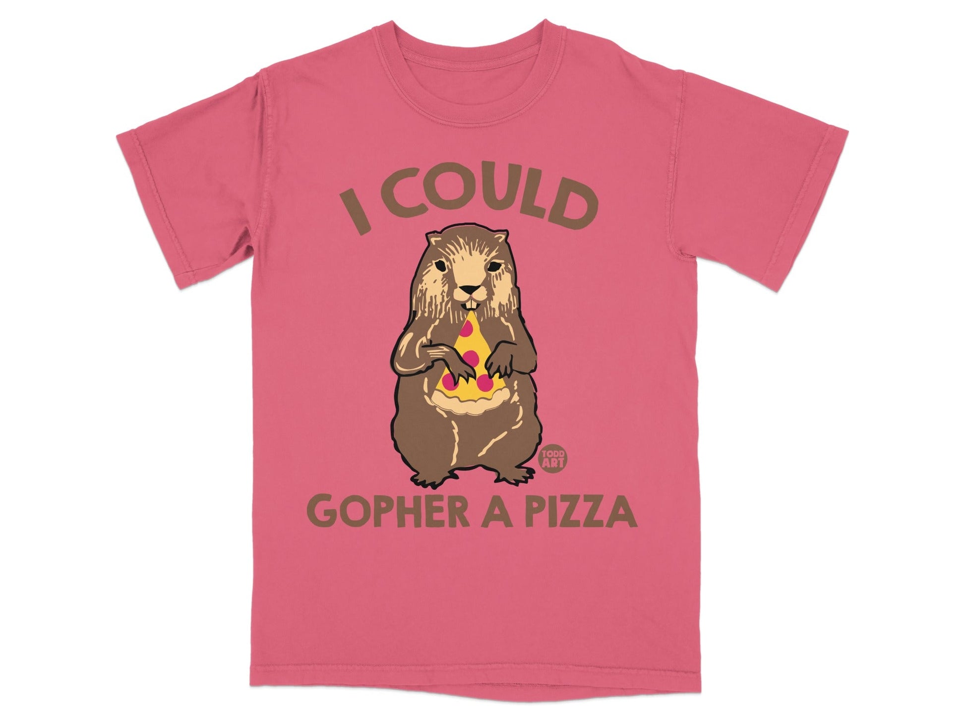 T-shirt with a gopher holding pizza and text "I COULD GOPHER A PIZZA".