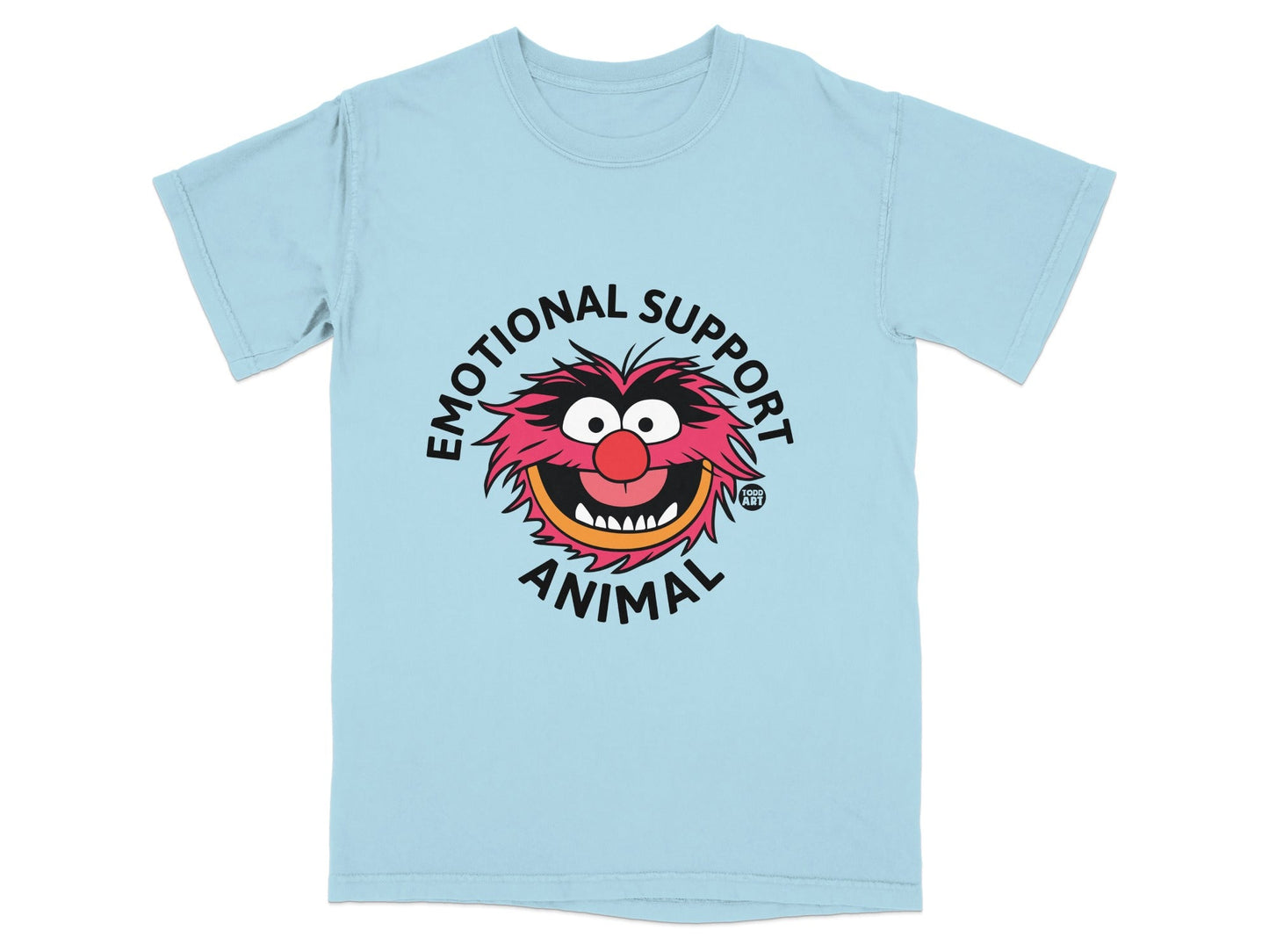 Light blue t-shirt with The Muppets Animal's face and "Emotional Support Animal" text.