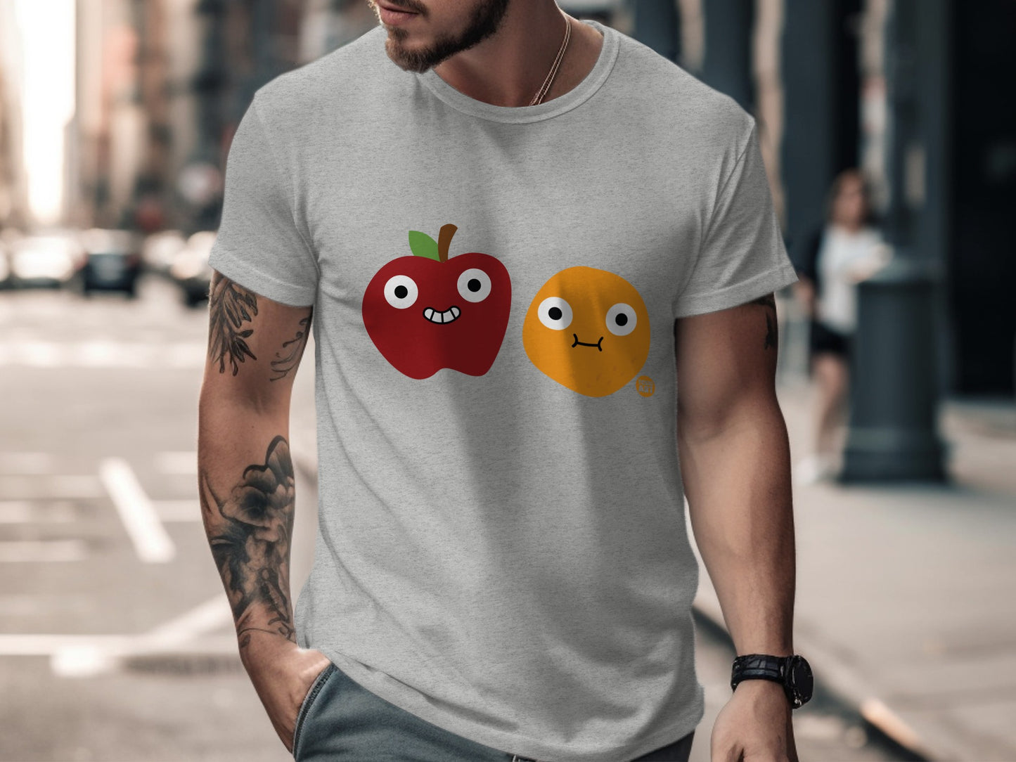 Playful Apple and Orange Cartoon Characters Shirt