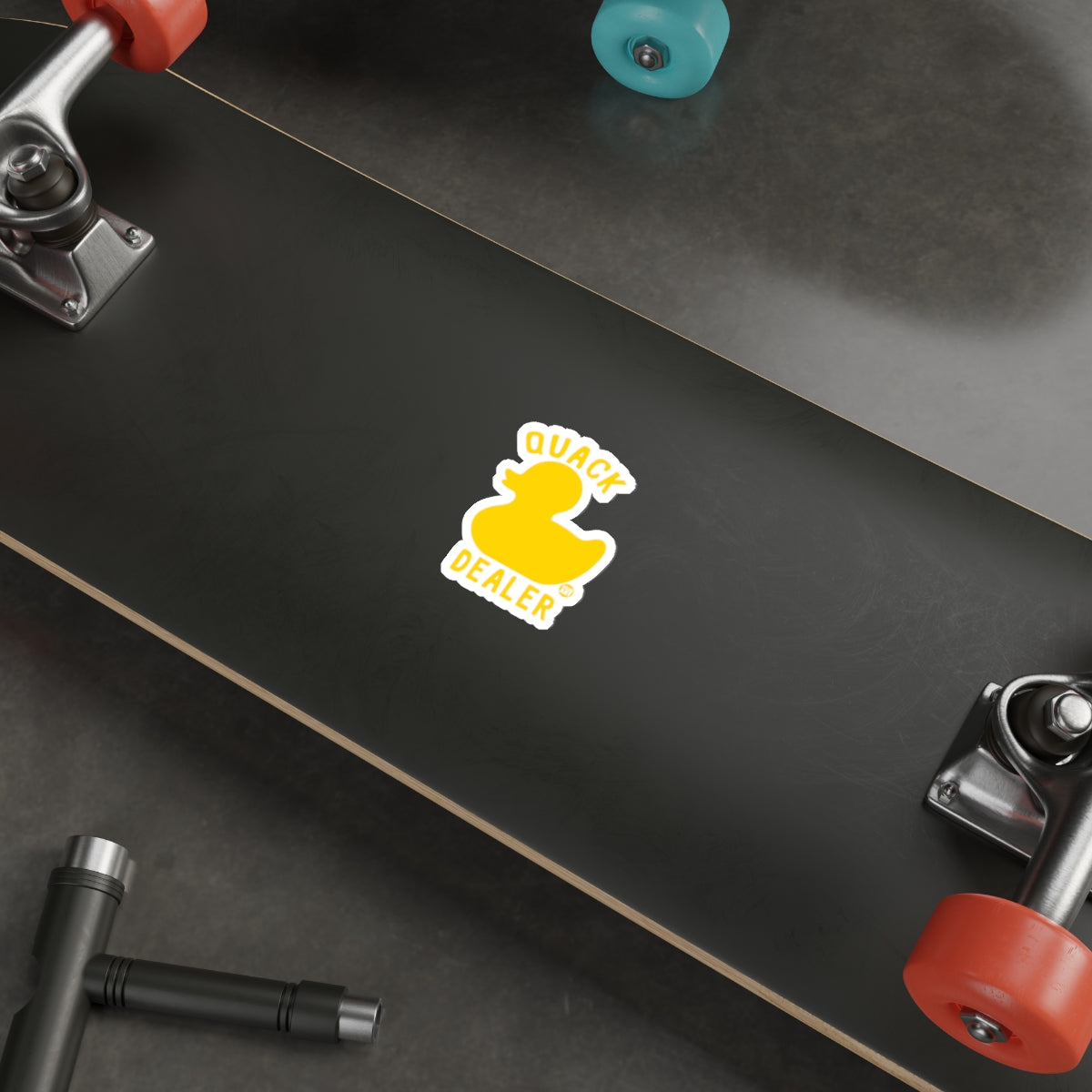 Quack Dealer Sticker on Skateboard Deck for Fun
