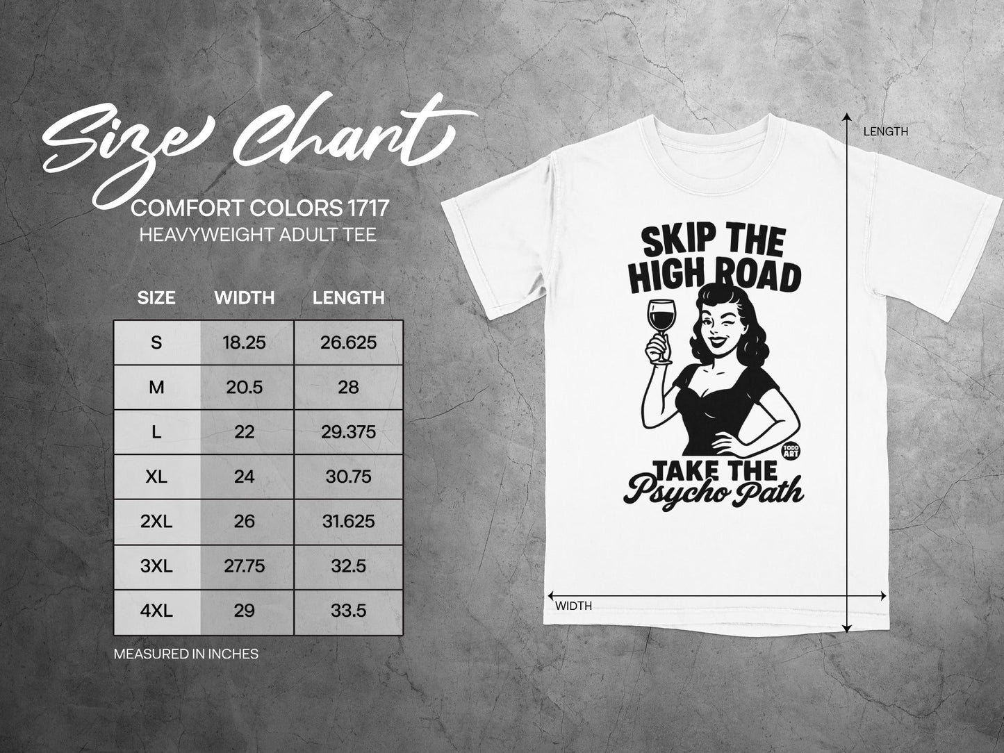 Comfort Colors 1717 Heavyweight Adult Tee size chart with t-shirt graphic.