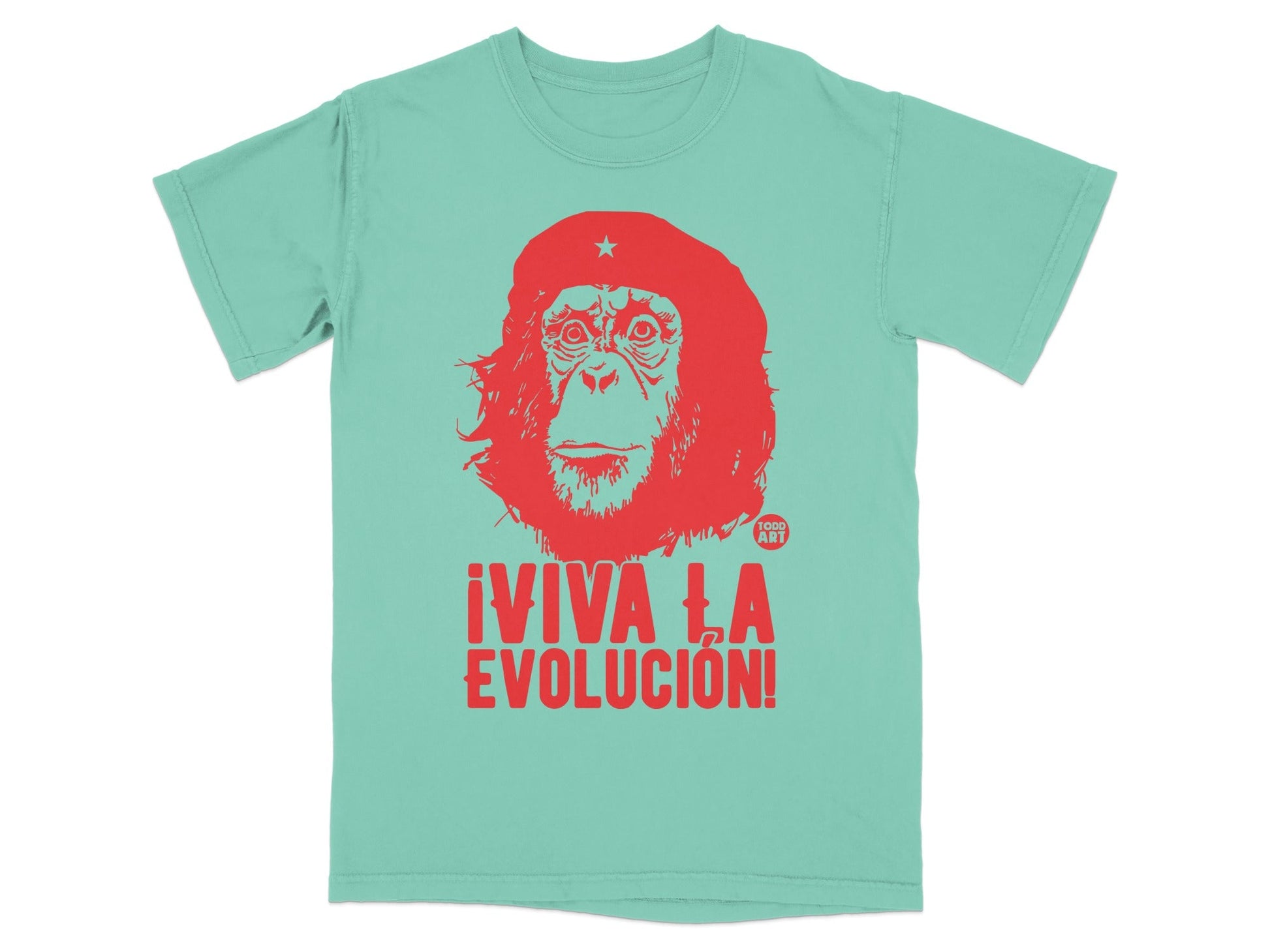 Teal t-shirt with red graphic of Che Guevara and "¬°VIVA LA EVOLUCI√ìN!" text.
