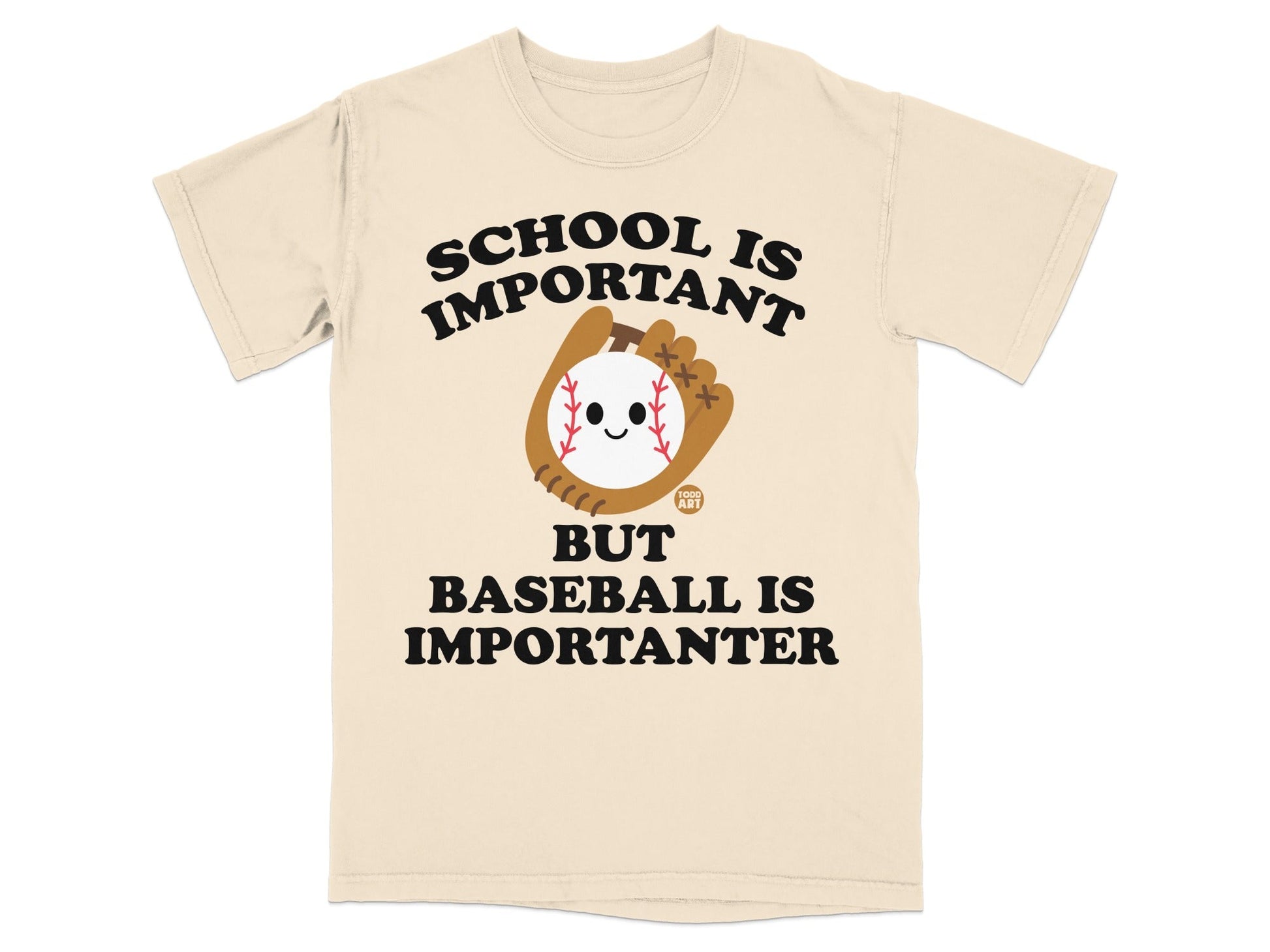 Cream t-shirt with text "School is important but baseball is importanter" and baseball graphic.