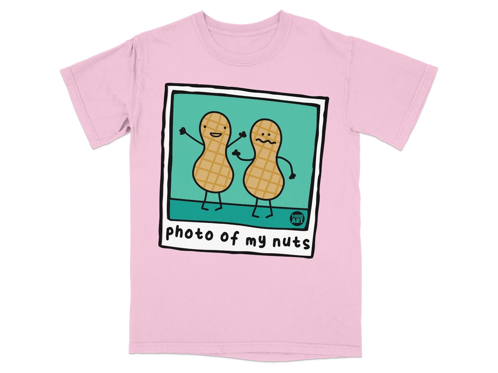 Two cartoon peanuts in a photo frame, smiling and labeled "photo of my nuts".