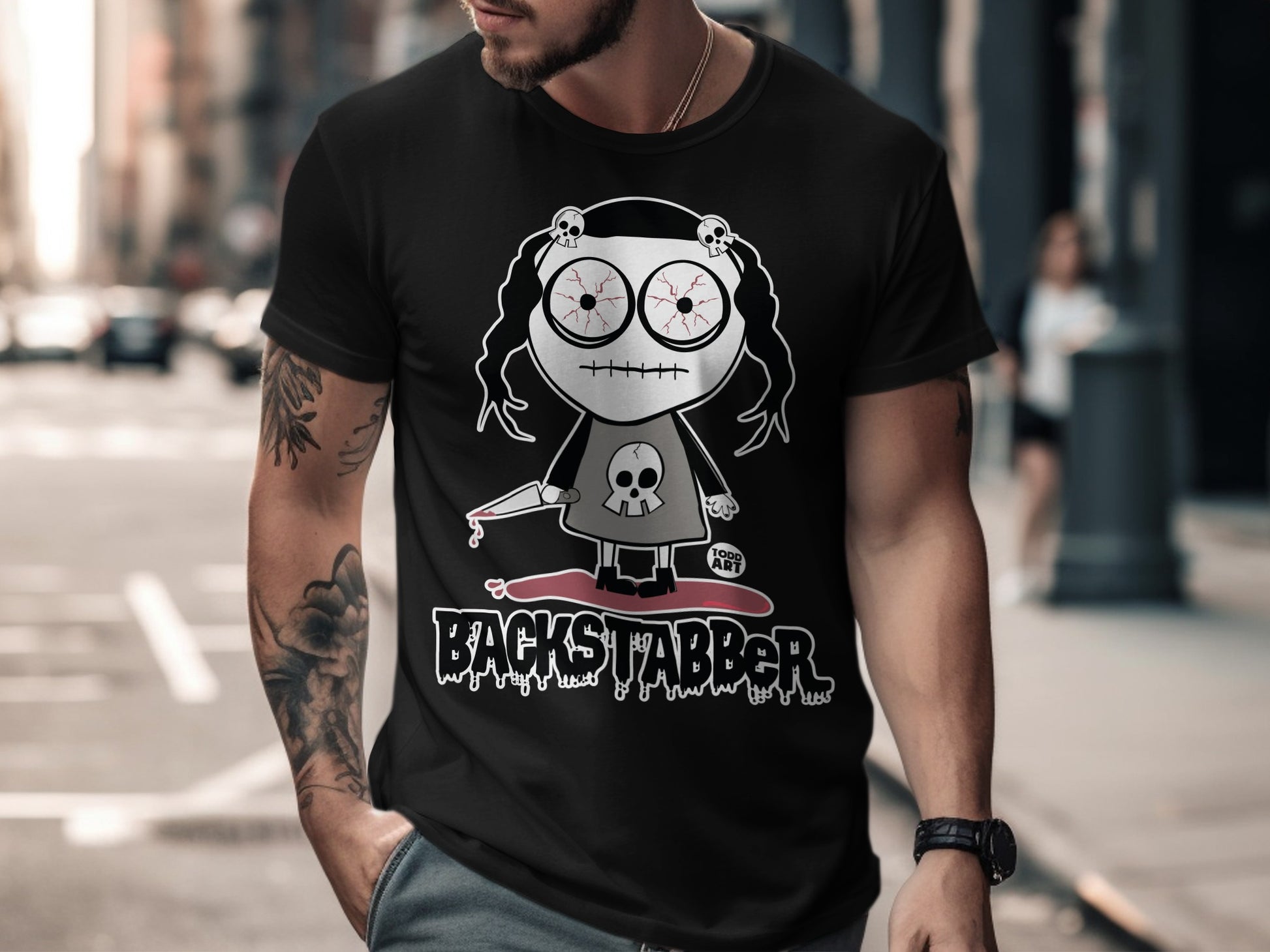 Unique Backstabber T-shirt with Quirky Graphic Design