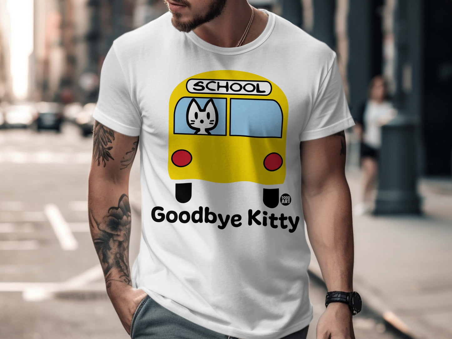 Fun School Bus Goodbye Kitty Graphic T-Shirt