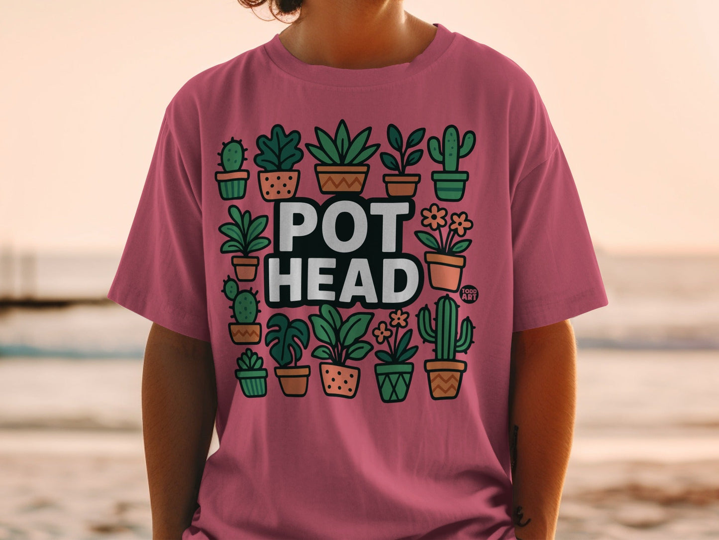 T-shirt with "POT HEAD" and various potted plants in illustration.