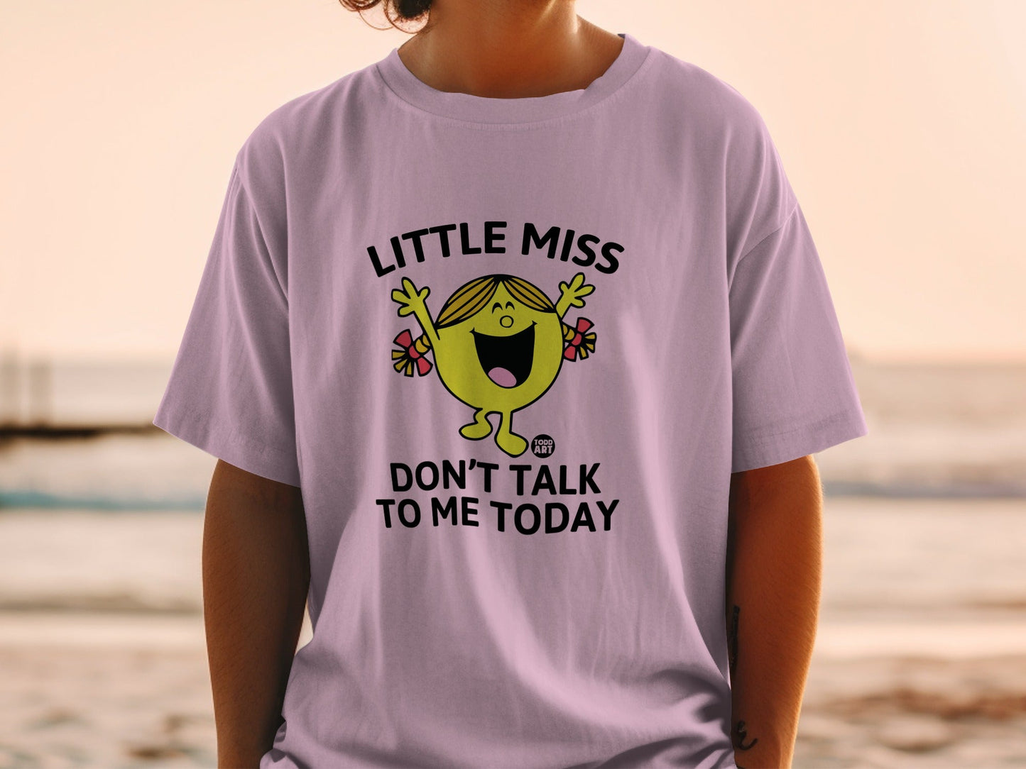 Lilac t-shirt with "Little Miss Don't Talk To Me Today" graphic.