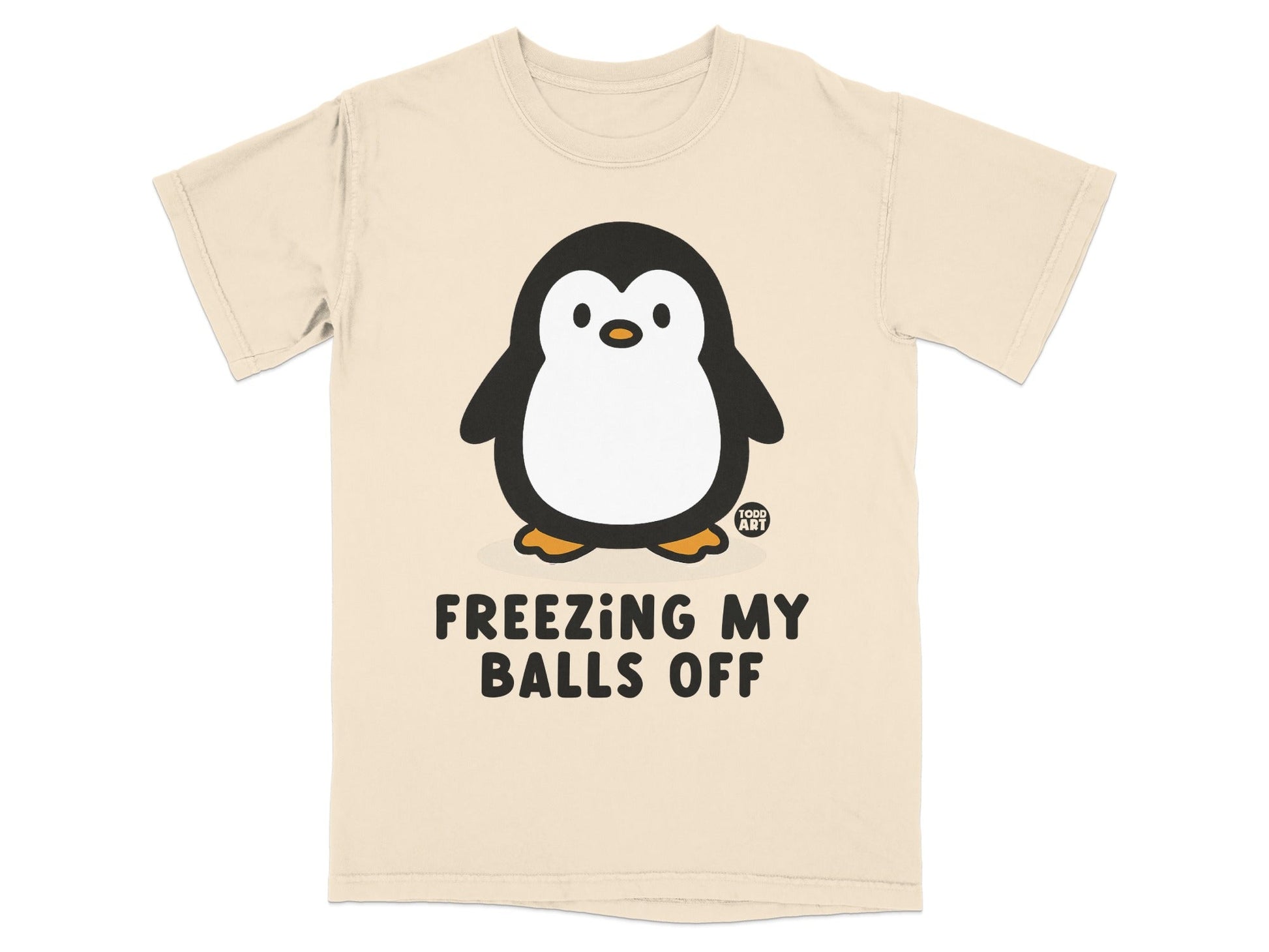 T-shirt with cartoon penguin and text "FREEZING MY BALLS OFF".