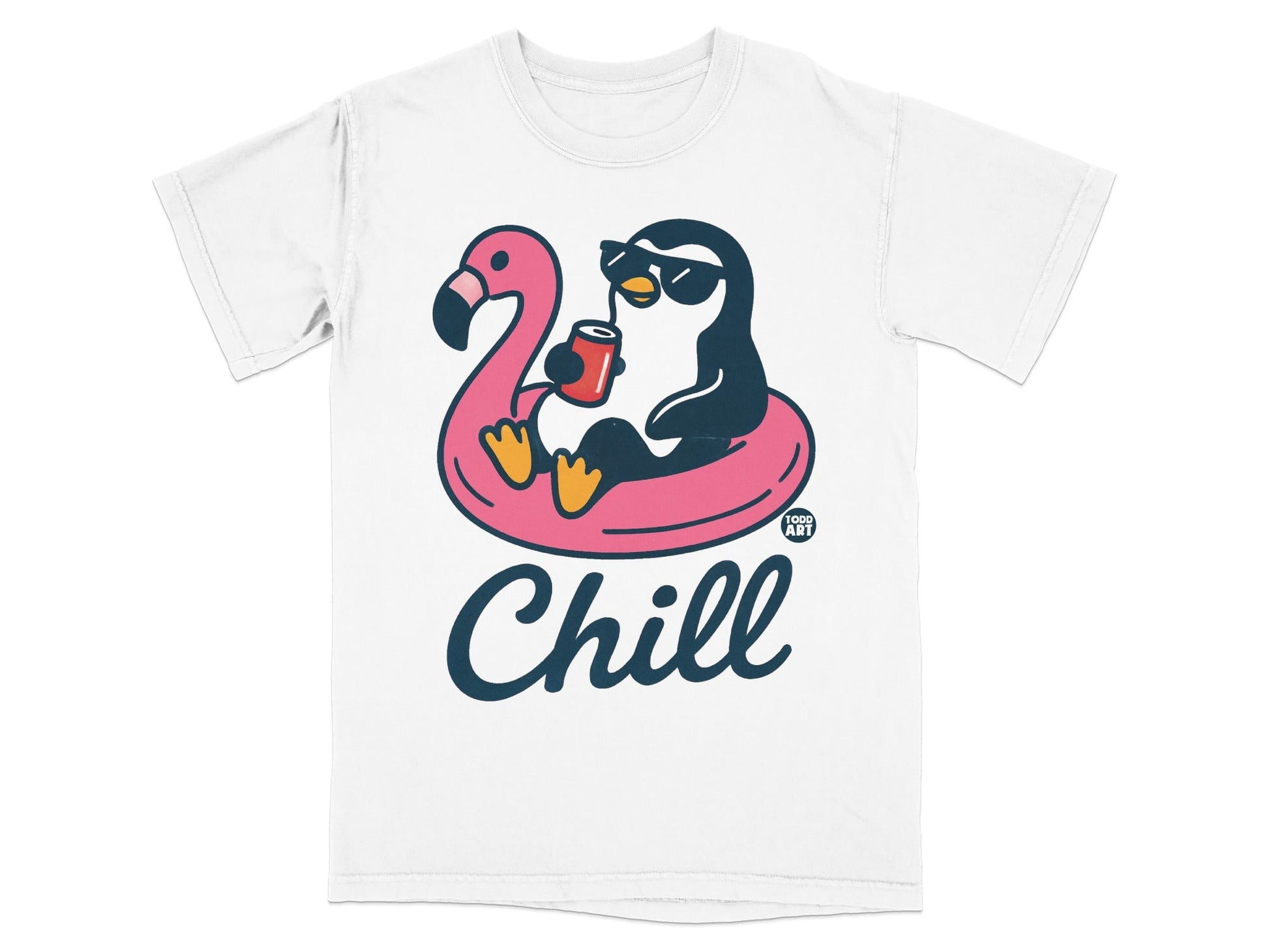 Penguin in a flamingo floatie, holding a drink, with the word "Chill" on a white t-shirt.