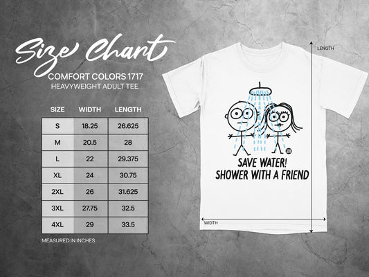 Comfort Colors 1717 heavyweight adult tee size chart with graphic.
