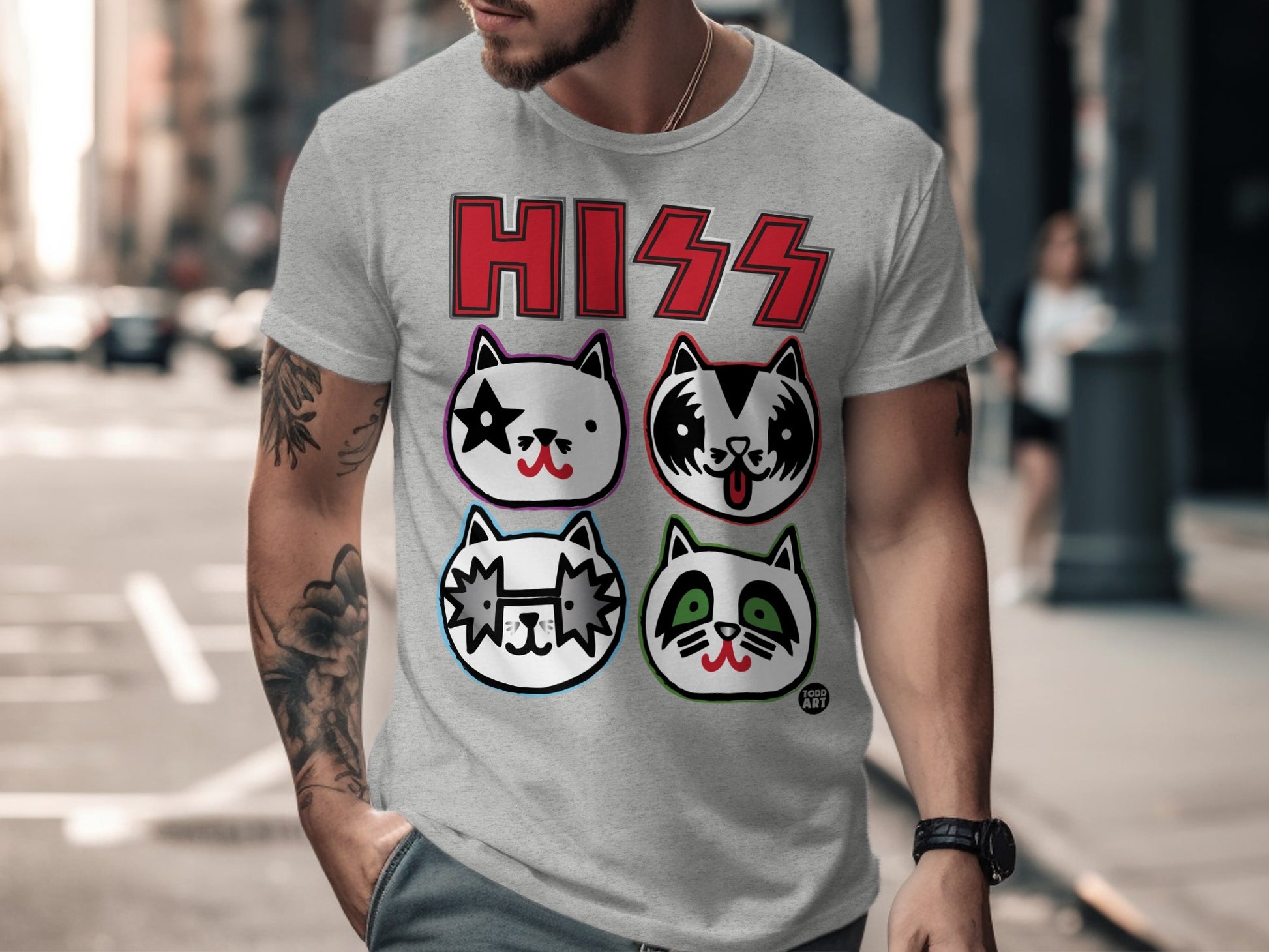 HISS Cat Faces Graphic Grey T-Shirt Rock Music Fan Apparel