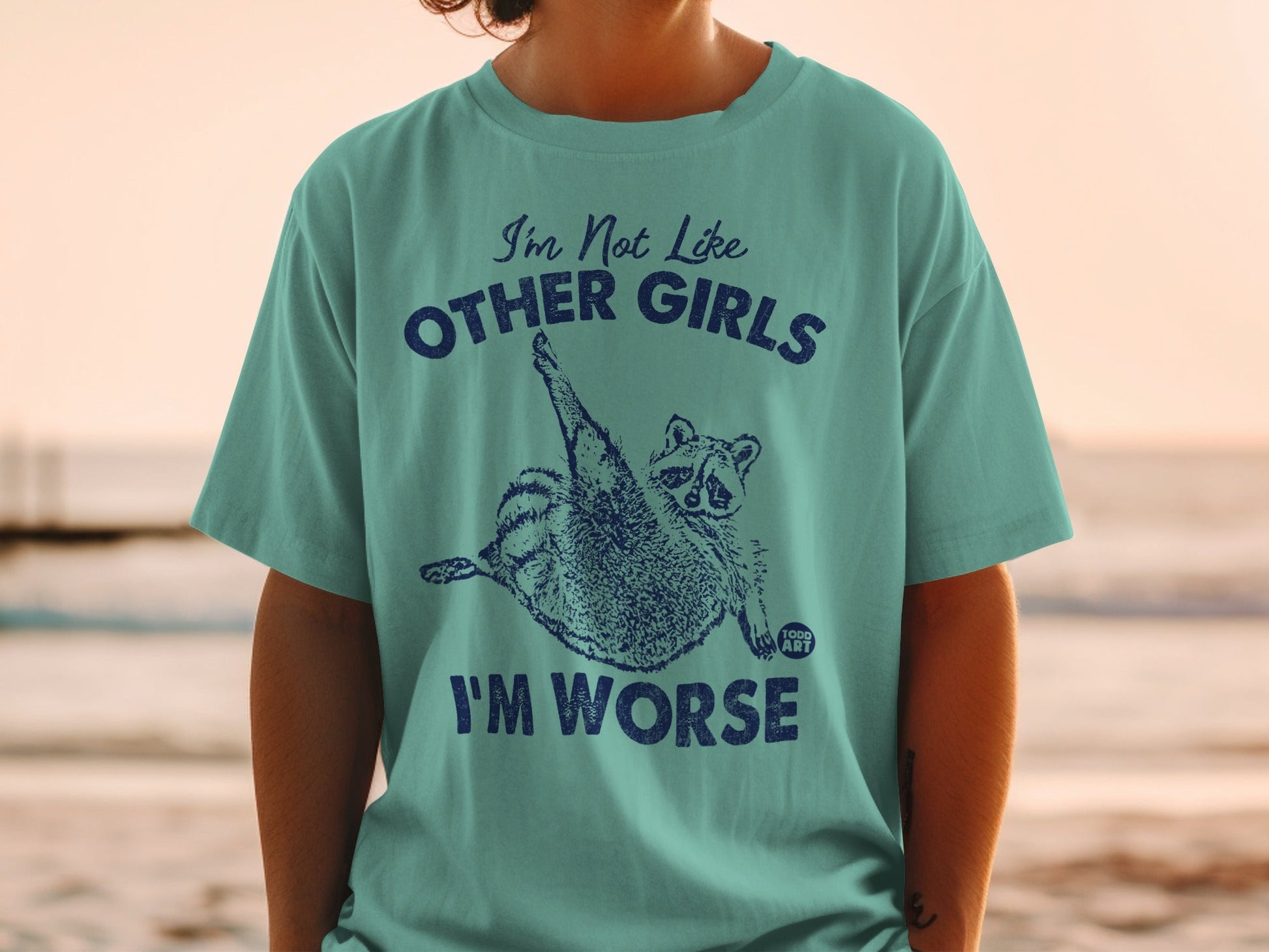 Teal t-shirt with "I'm Not Like Other Girls, I'm Worse" and raccoon graphic.