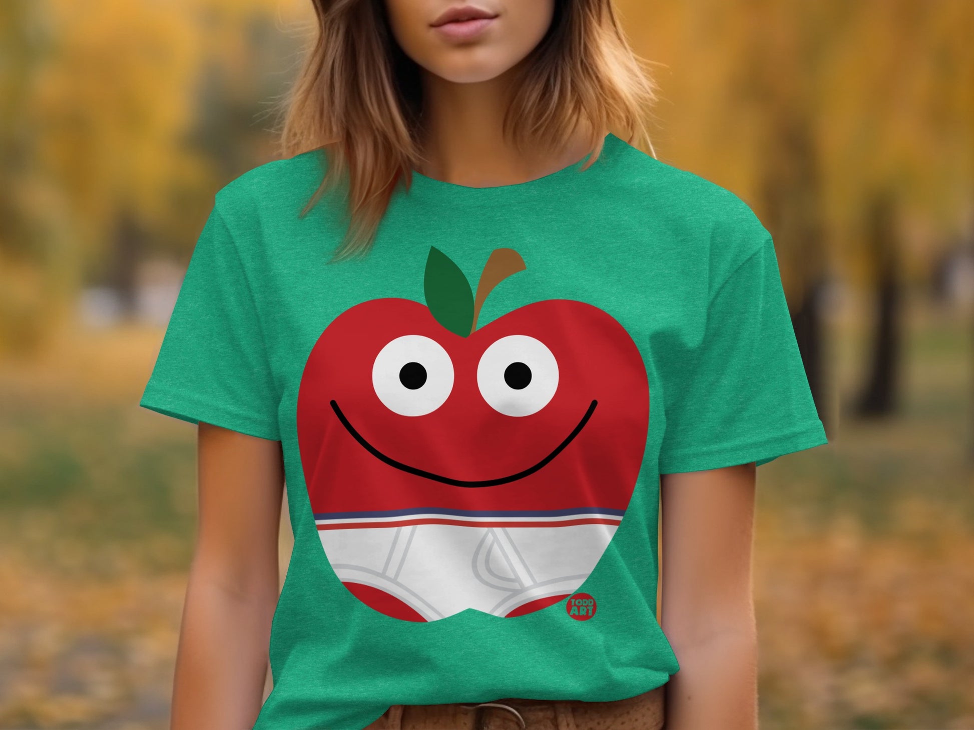 Happy Apple Cartoon Graphic on Green T-shirt