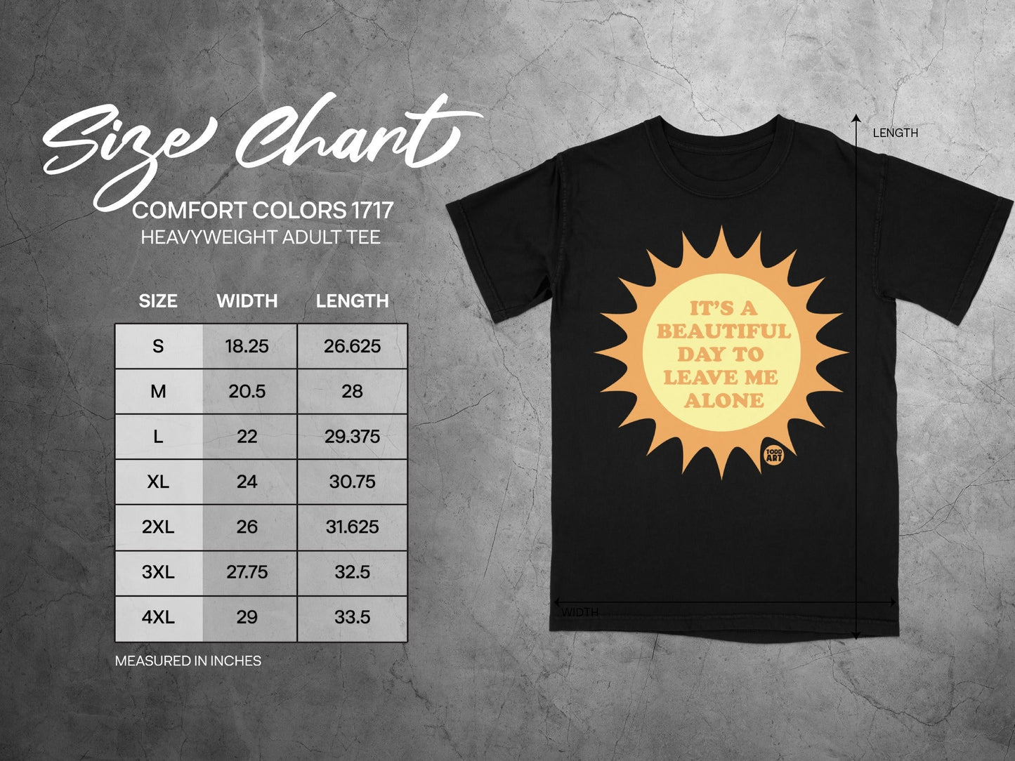 Comfort Colors 1717 heavyweight adult tee size chart with graphic.