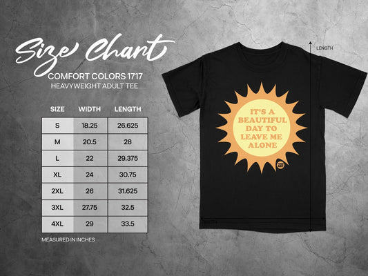 Comfort Colors 1717 heavyweight adult tee size chart with graphic.