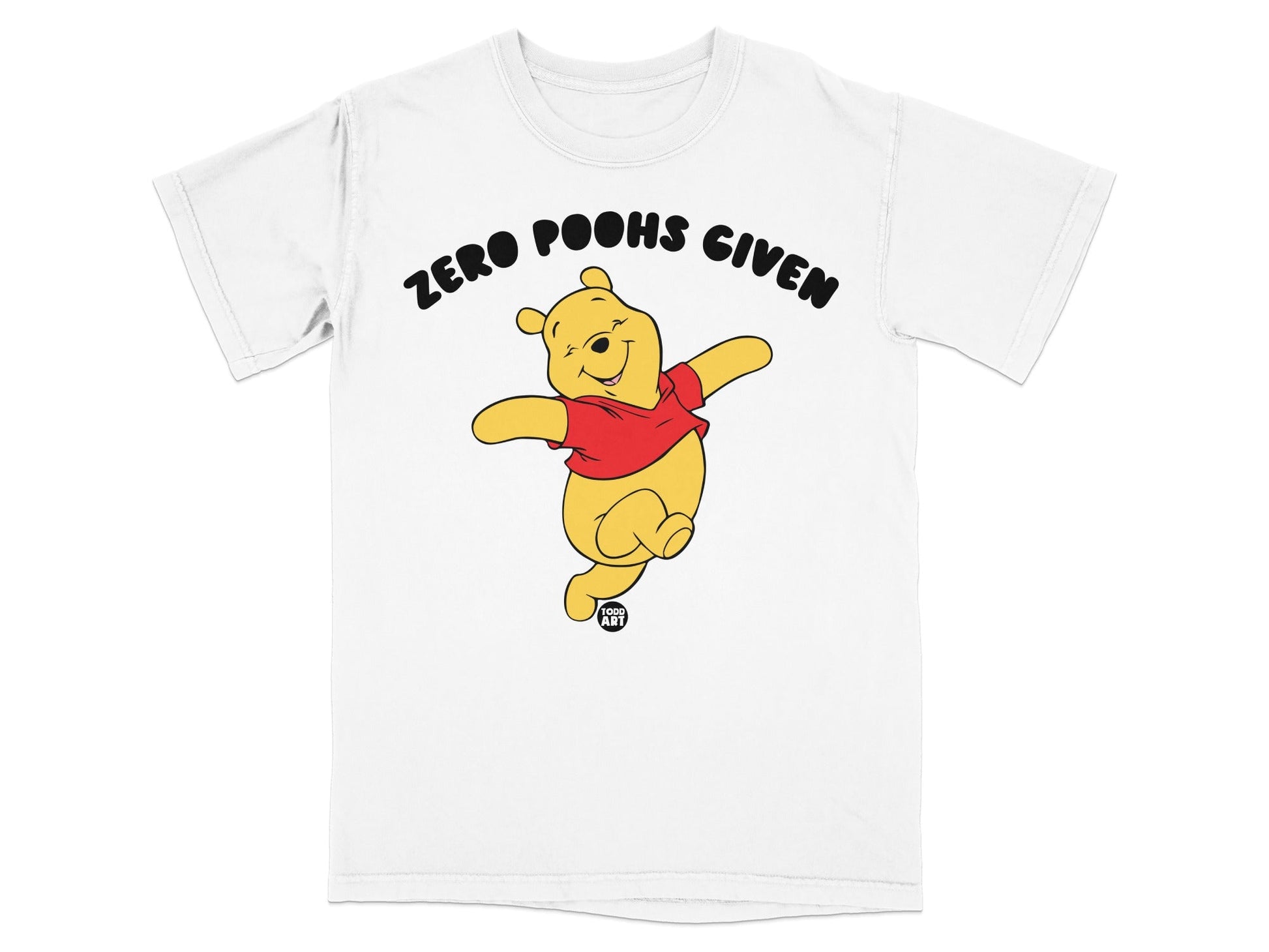 Winnie the Pooh dancing, wearing a red shirt, with text "ZERO POOHS GIVEN".