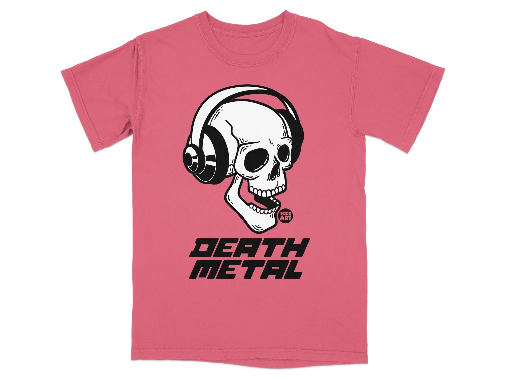 Skull wearing headphones with "DEATH METAL" text.