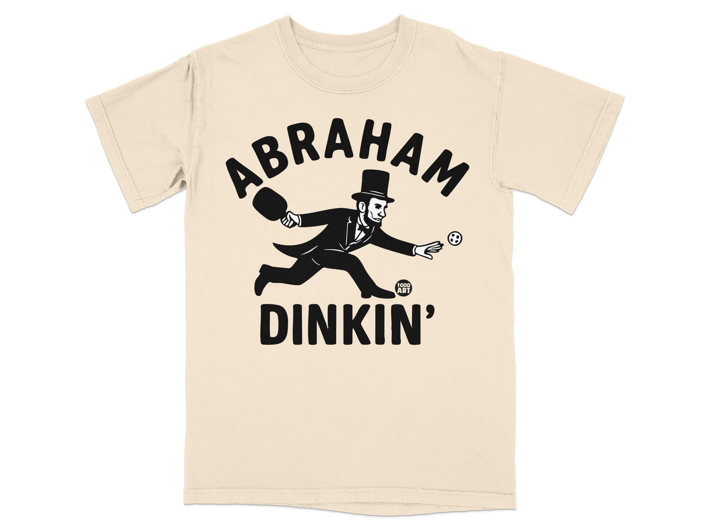 T-shirt with "ABRAHAM DINKIN'" text and silhouette of a man playing pickleball.