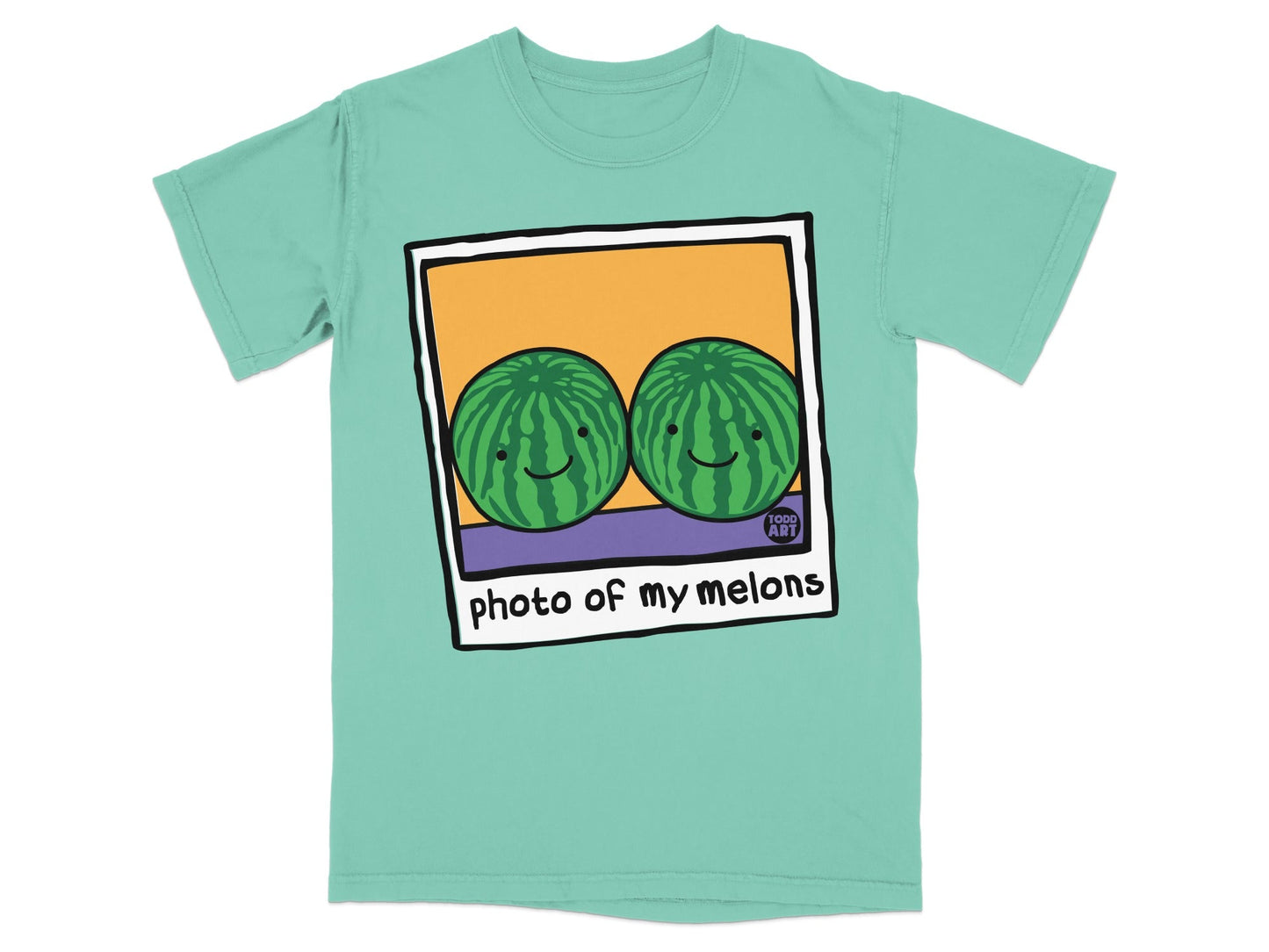 Two smiling watermelons inside a polaroid frame with text "photo of my melons".