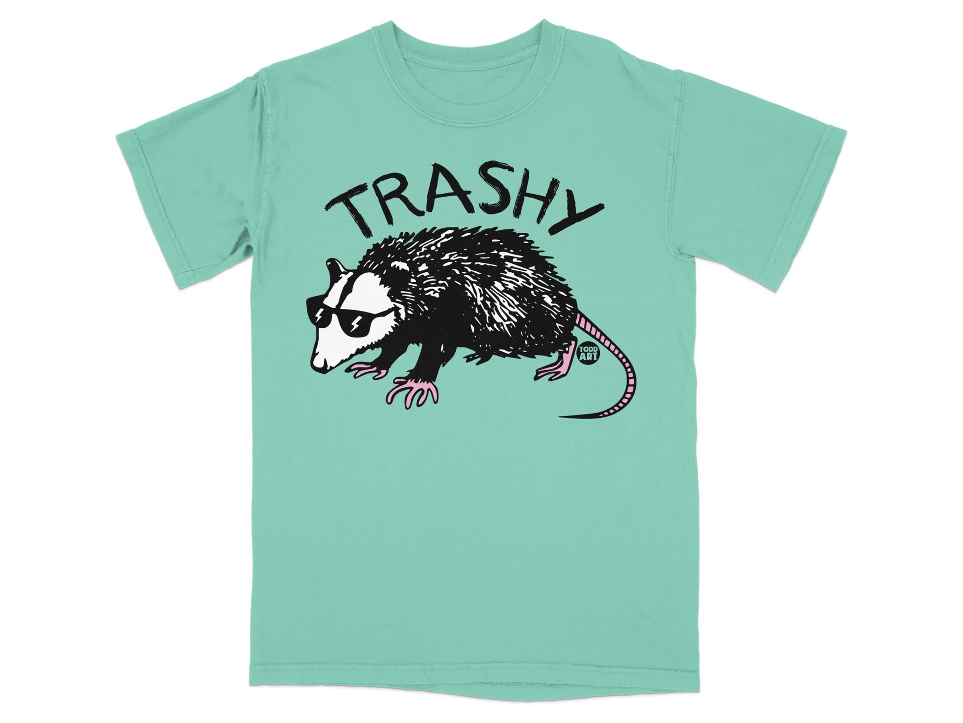 T-shirt with a "TRASHY" opossum wearing sunglasses.