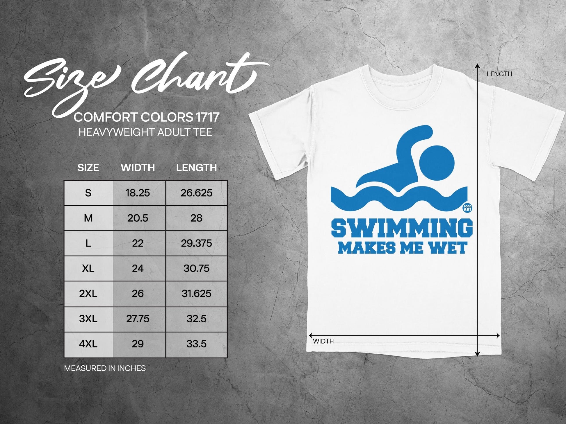 Comfort Colors 1717 size chart for heavyweight adult tee with swimming graphic.