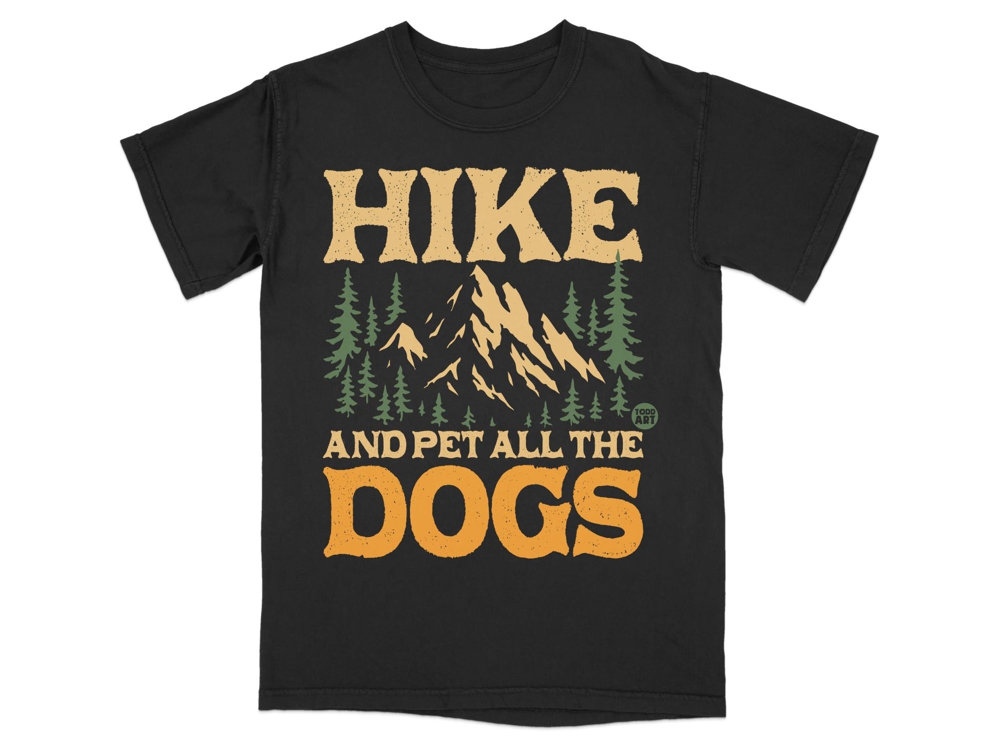 Black t-shirt with "HIKE AND PET ALL THE DOGS" text and mountain graphic.