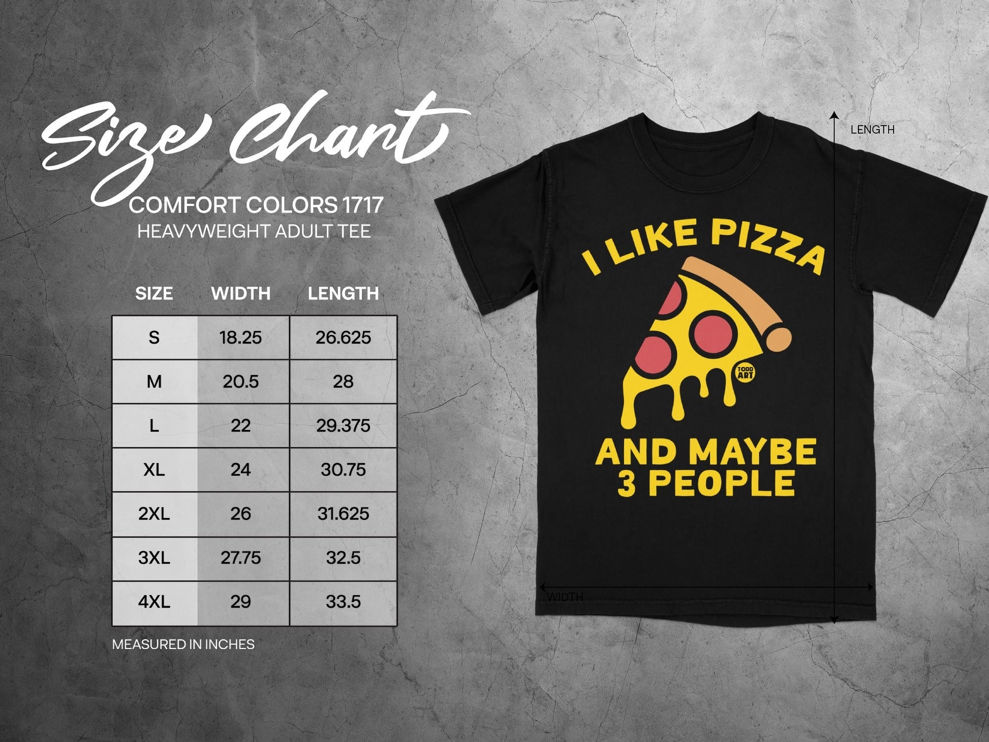 Size chart for Comfort Colors 1717 heavyweight adult tee with pizza graphic.