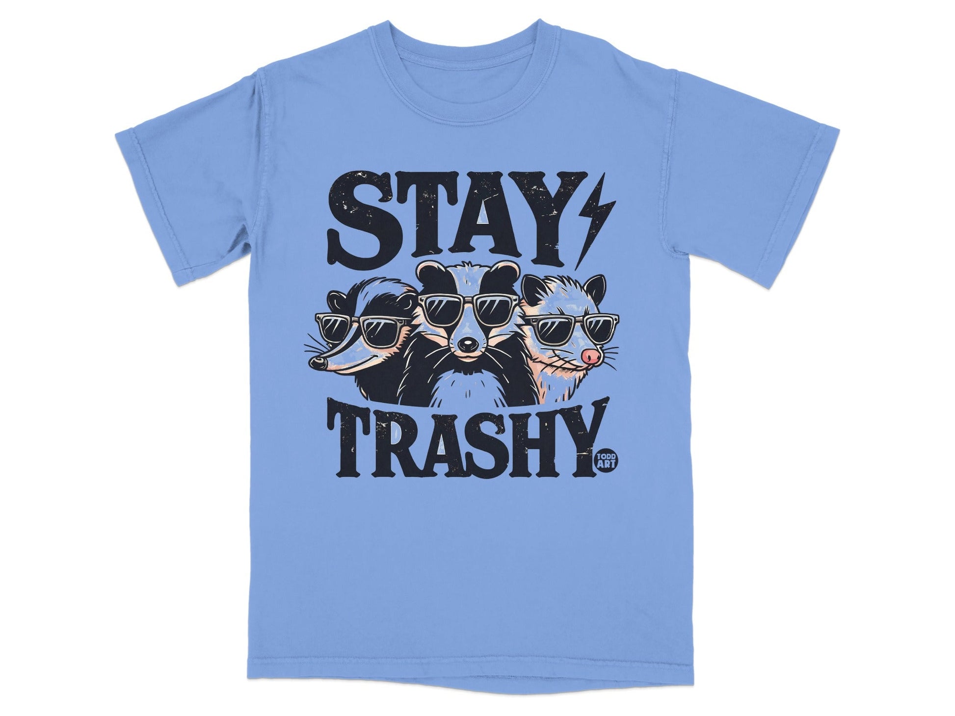 Three cartoon raccoons and possums wearing sunglasses, text reads "STAY TRASHY".