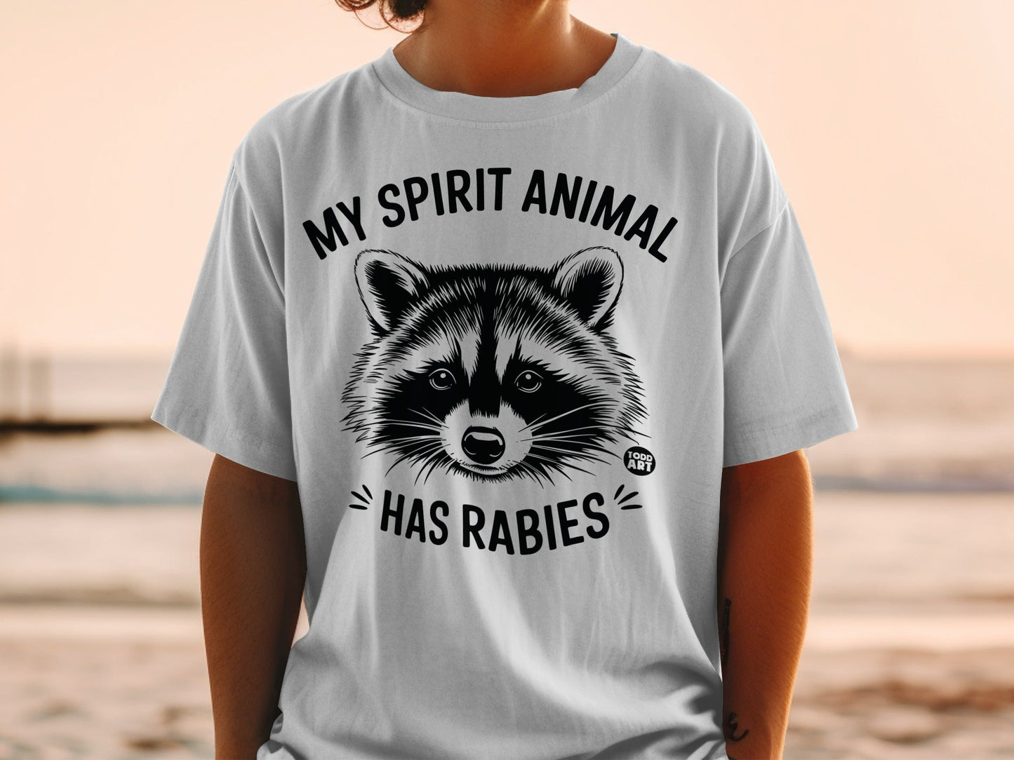 T-shirt with raccoon graphic and text "MY SPIRIT ANIMAL HAS RABIES".