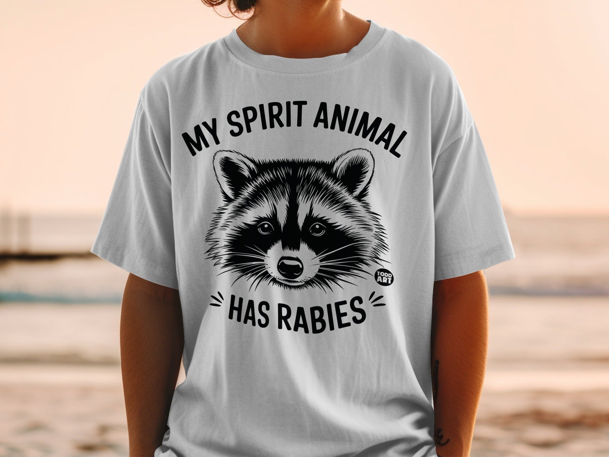T-shirt with raccoon graphic and text "MY SPIRIT ANIMAL HAS RABIES".