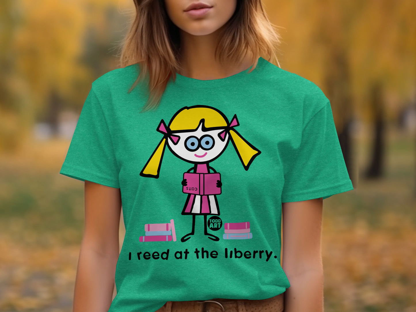 Cute Reading Girl Graphic Tee with Fun Cartoon Design