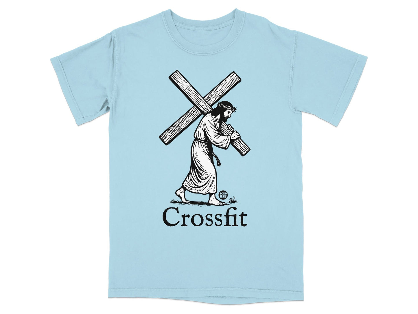 Jesus carrying a large cross with "Crossfit" and "GOOD ART" text.