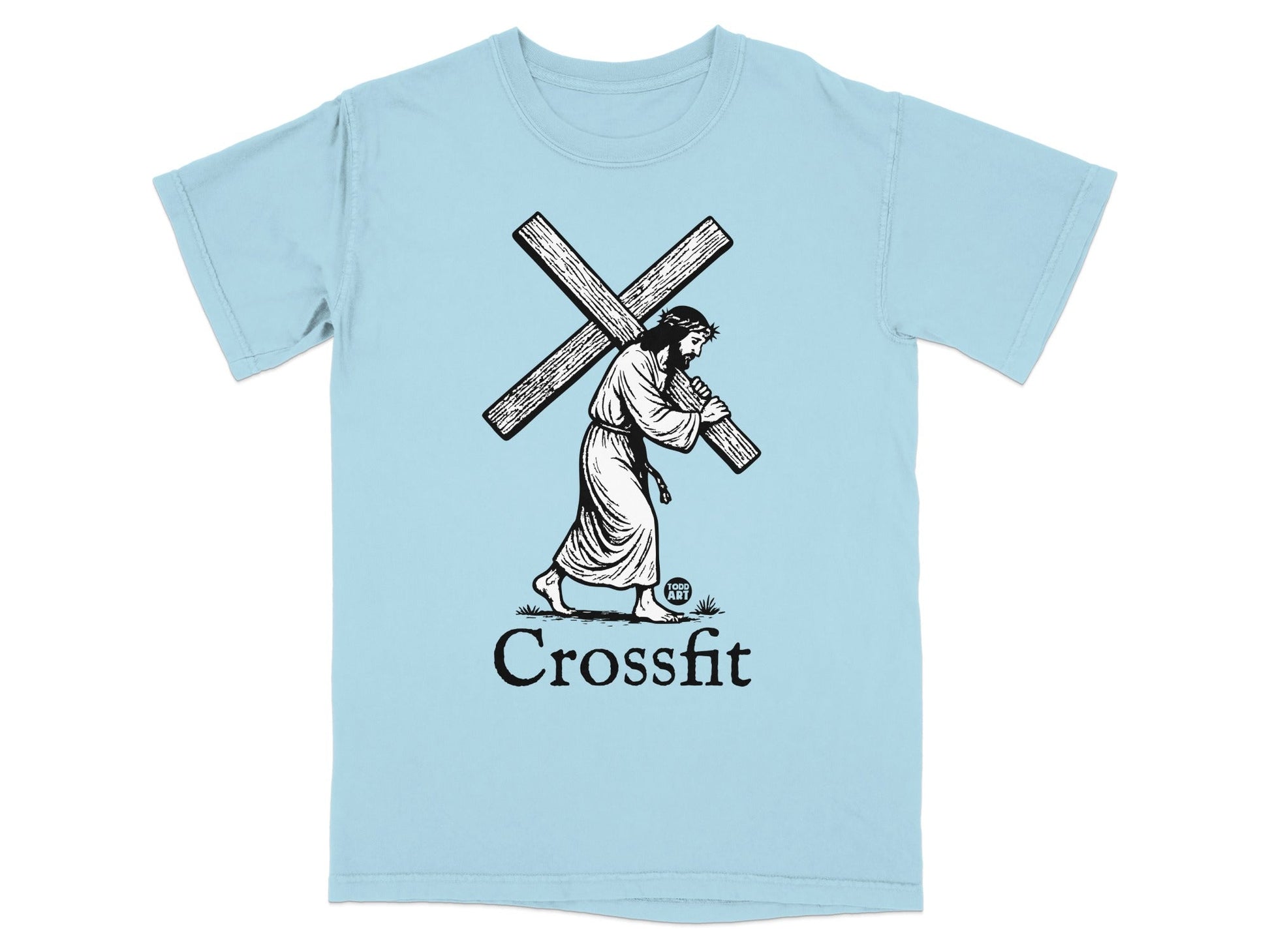 Jesus carrying a large cross with "Crossfit" and "GOOD ART" text.