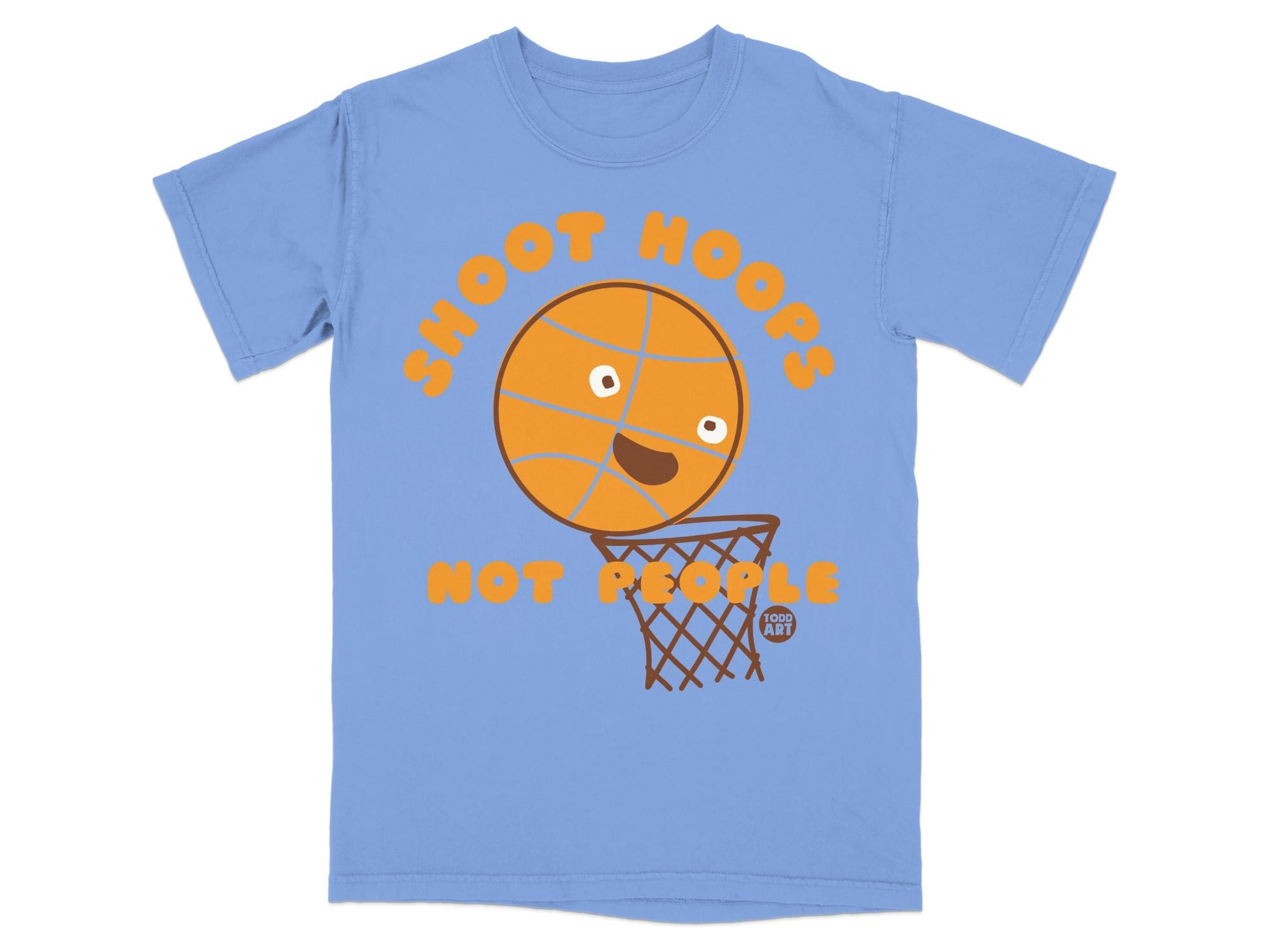 Light blue t-shirt with cartoon basketball shooting into a net.