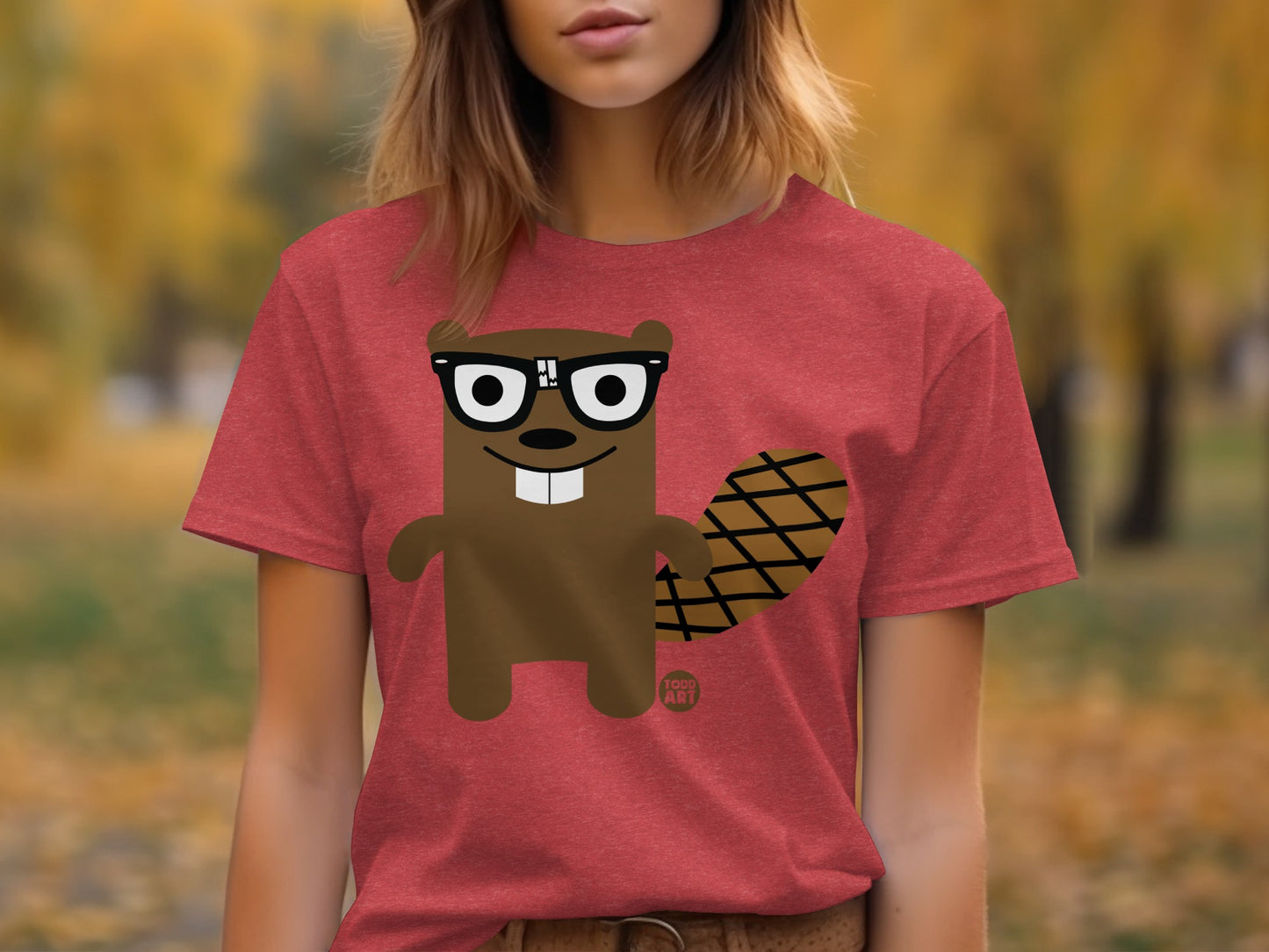 Cute Nerdy Beaver Graphic on Red T-Shirt