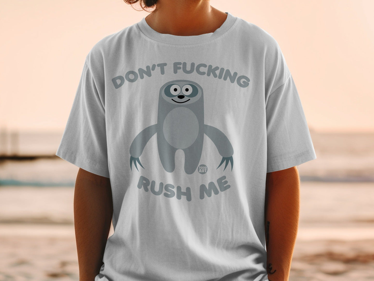 Grey t-shirt with a cartoon sloth and text "Don't Fucking Rush Me".
