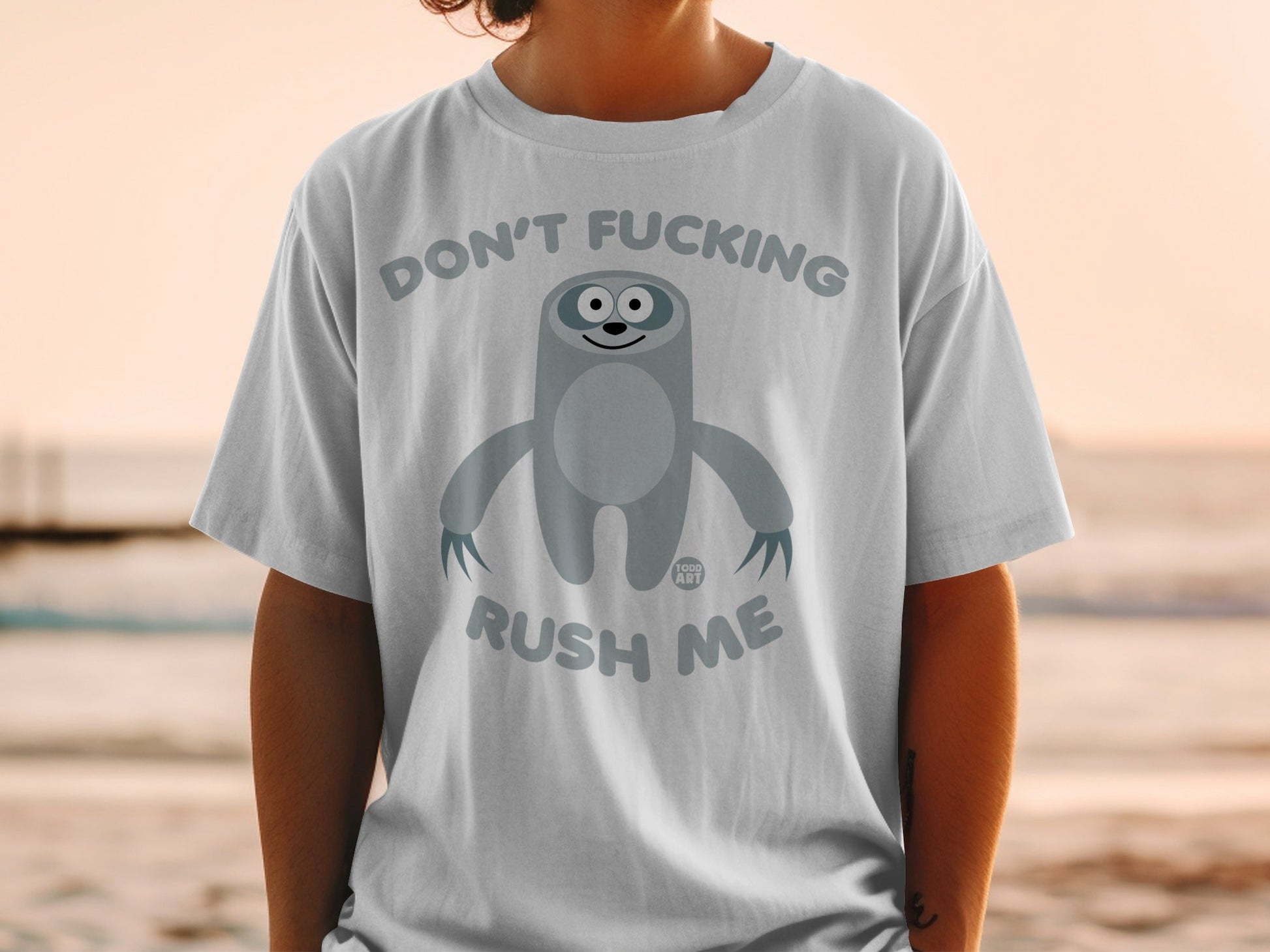 Grey t-shirt with a cartoon sloth and text "Don't Fucking Rush Me".