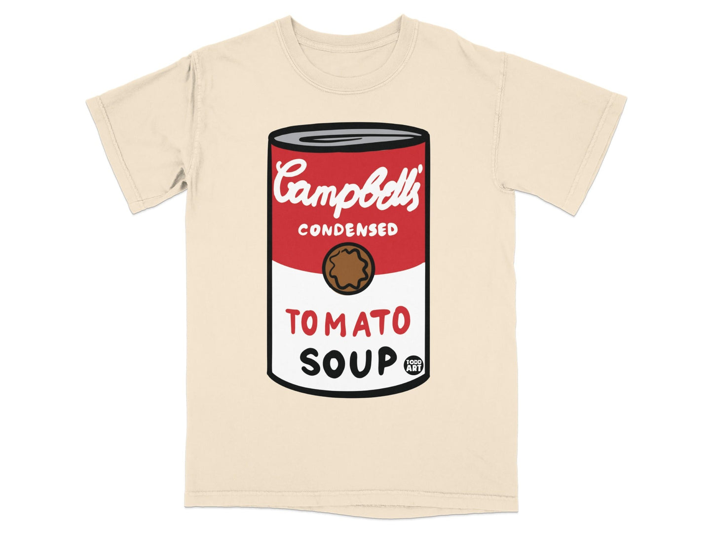 Cream t-shirt with Warhol-style Campbell's Tomato Soup can graphic.
