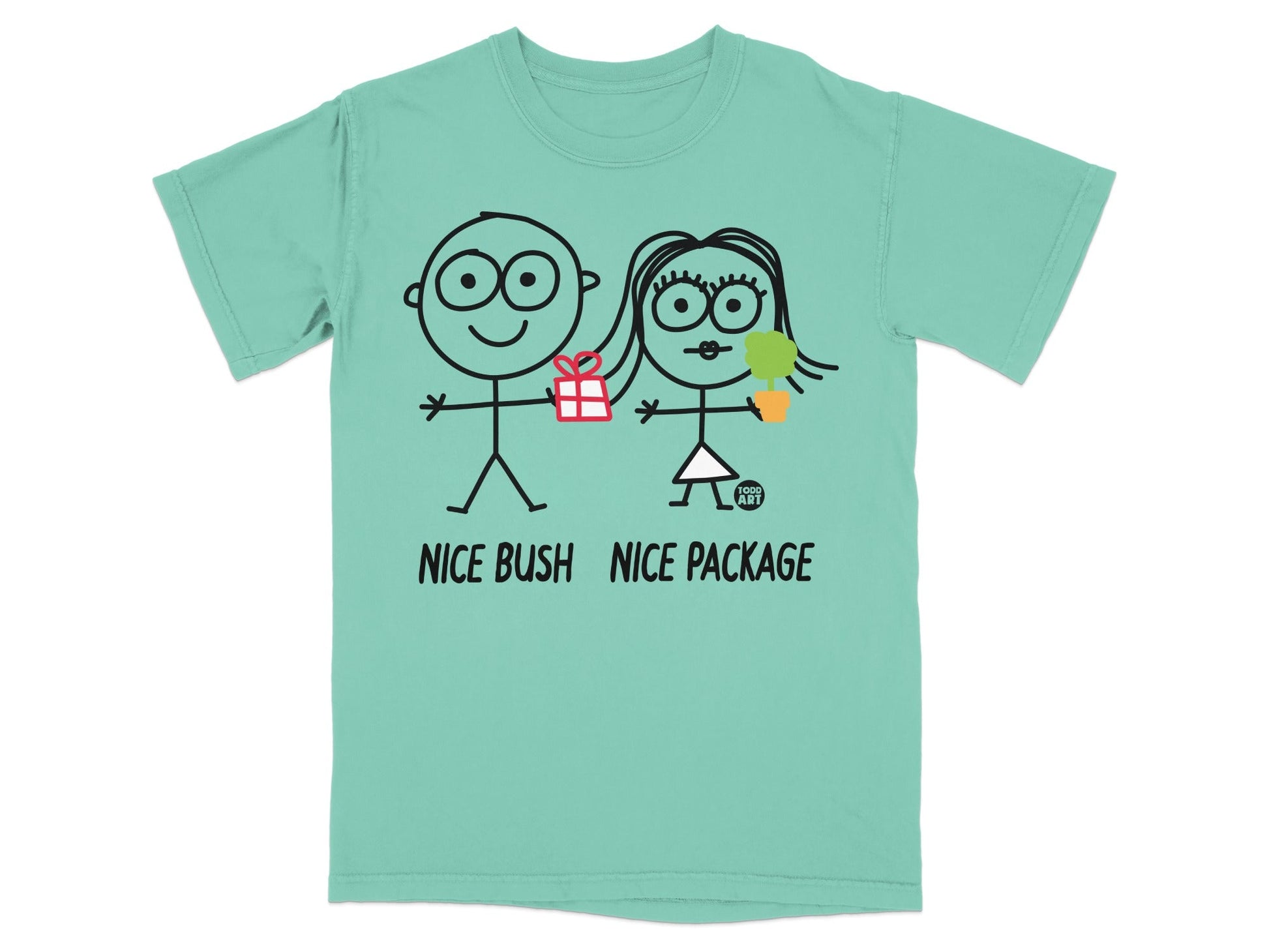 T-shirt with stick figures holding a gift and a plant, text "NICE BUSH NICE PACKAGE".