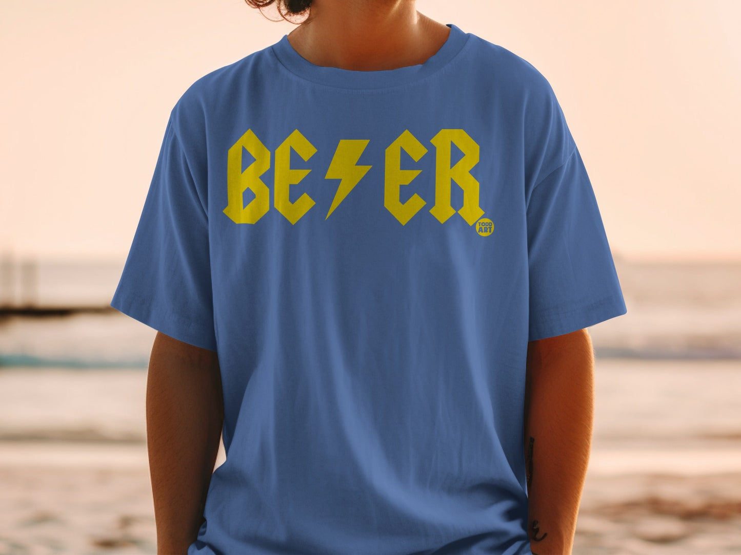 Electric Yellow Print on Blue Casual T-Shirt