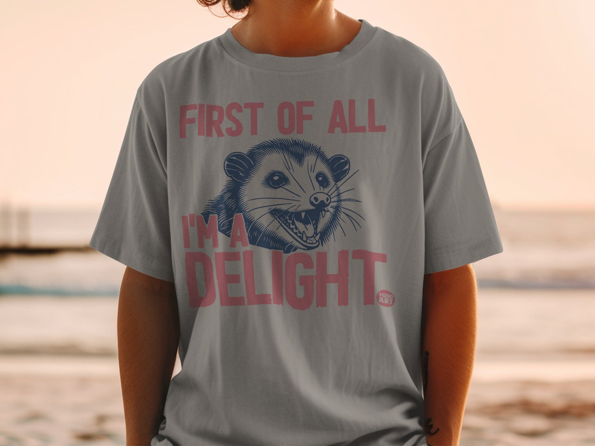 Grey t-shirt with a possum and "First of all, I'm a delight" text.