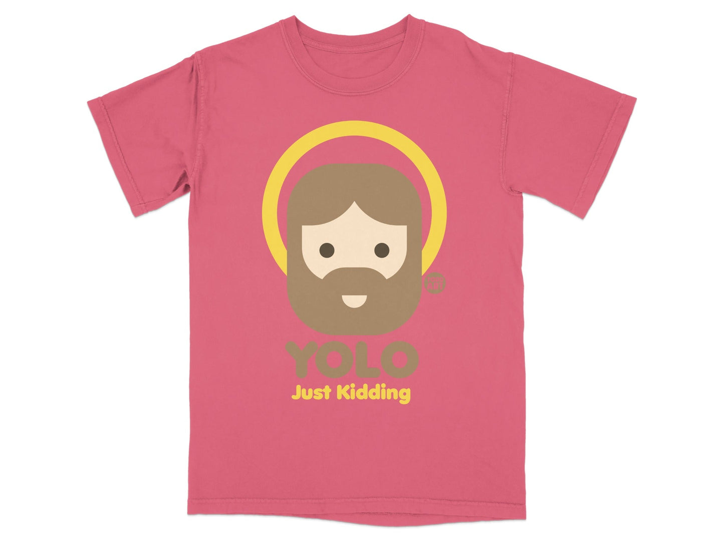 Pink t-shirt with cartoon haloed figure and "YOLO Just Kidding" text.